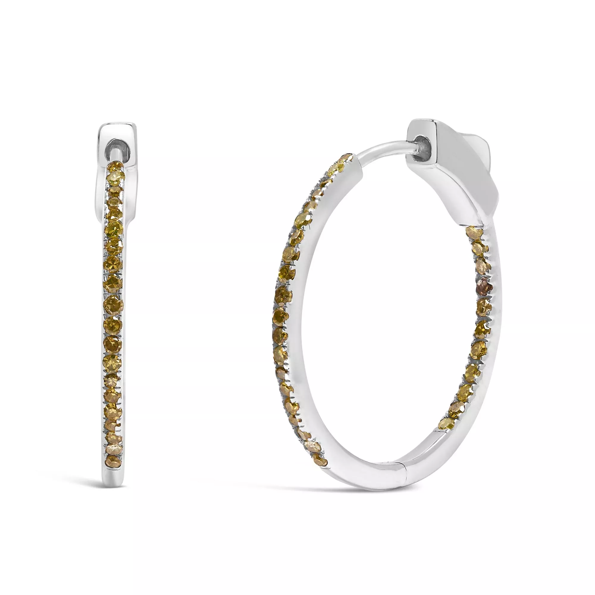 .925 Sterling Silver 1/3 Cttw Inside Out Yellow Treated Diamond 1MM Wide Hoop Earrings (Yellow Color, I2-I3 Clarity)
