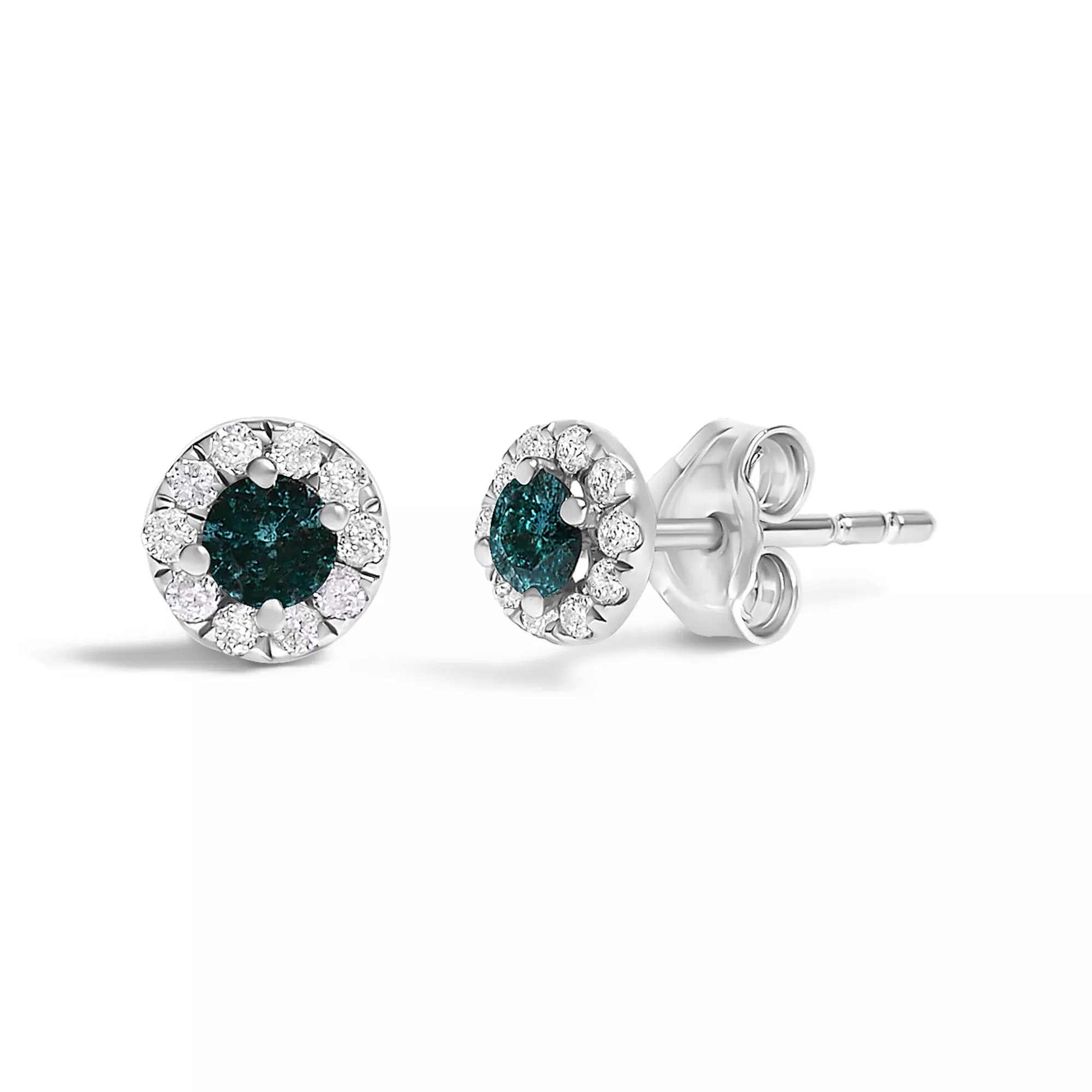 .925 Sterling Silver 1/3 Cttw White and Blue Diamond Halo Stud Earring