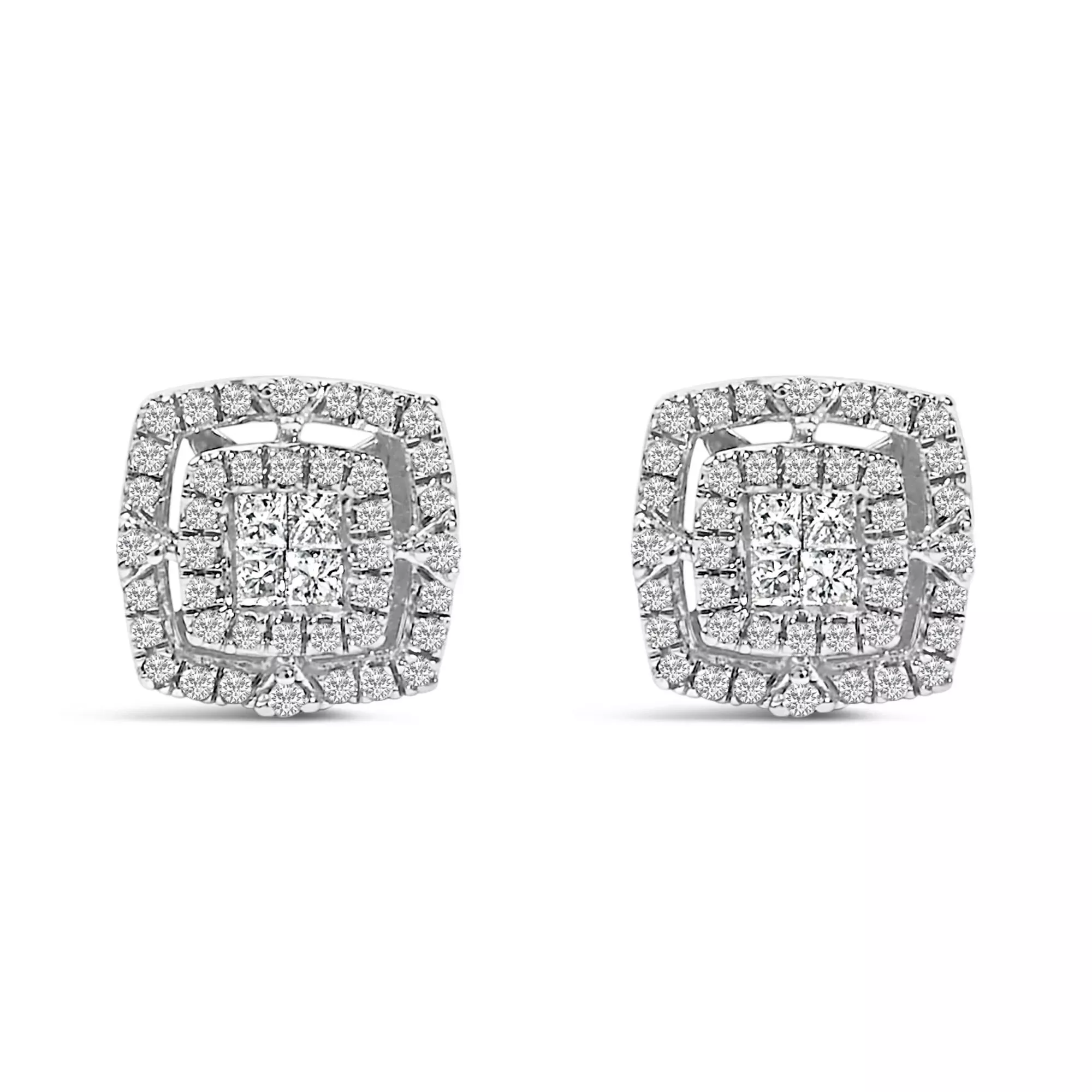 .925 Sterling Silver 1/4 Cttw Diamond Double Halo Cushion Shaped Stud Earrings