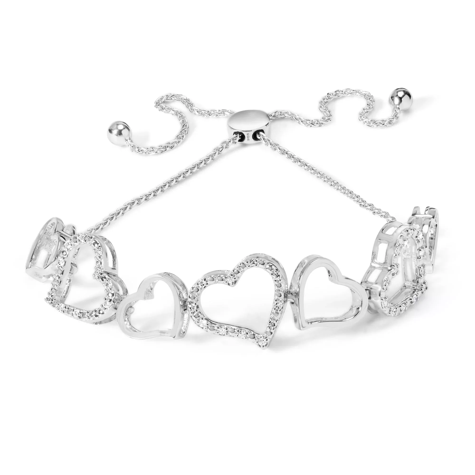 .925 Sterling Silver 1/4 Cttw Diamond Open Heart Link Adjustable Bolo Bracelet (I-J Color, I2-I3 Clarity) - 4 to 10 Inches