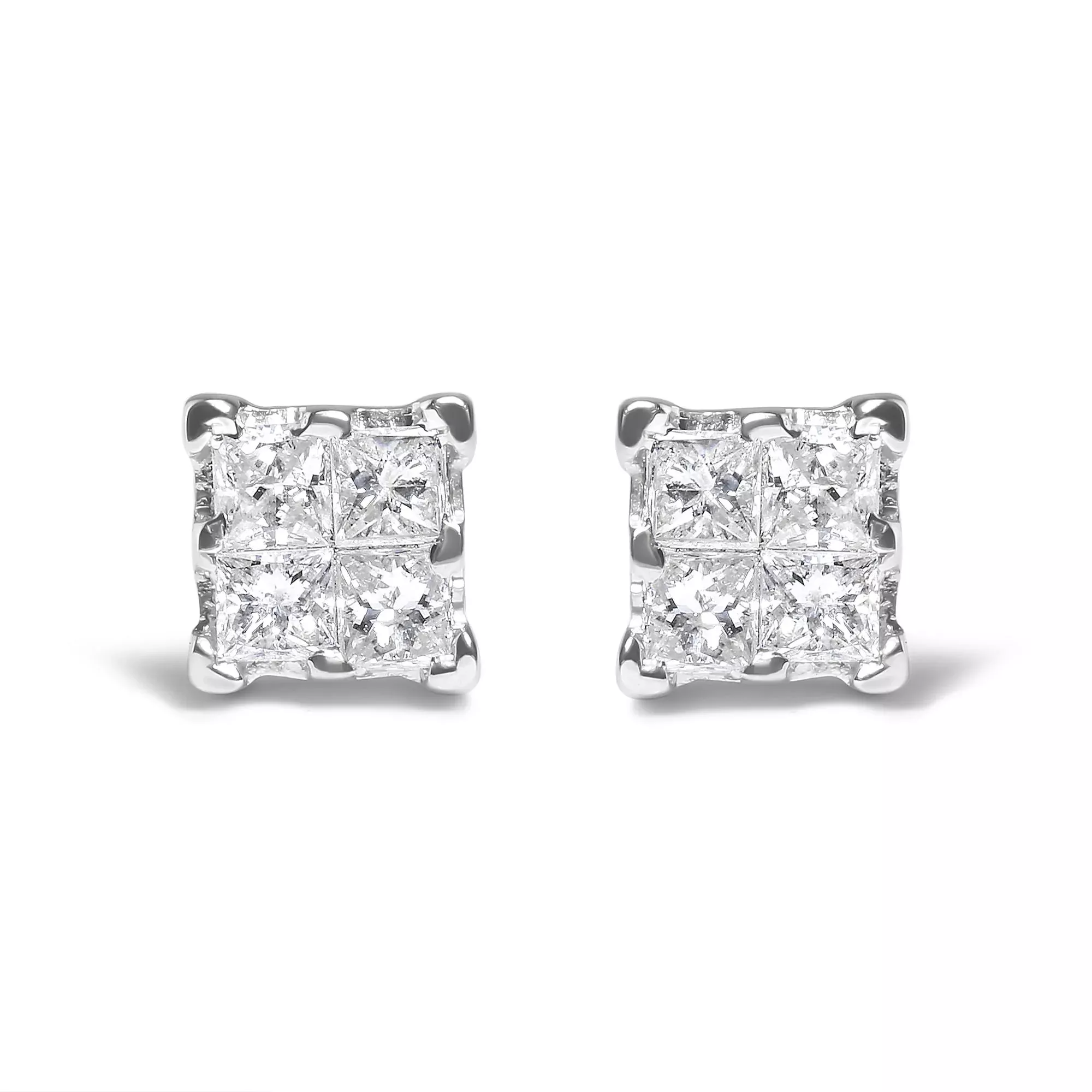 .925 Sterling Silver 1/4 Cttw Invisible Set Princess Diamond Composite Quad Stud Earrings (I-J Color, I1-I2 Clarity)