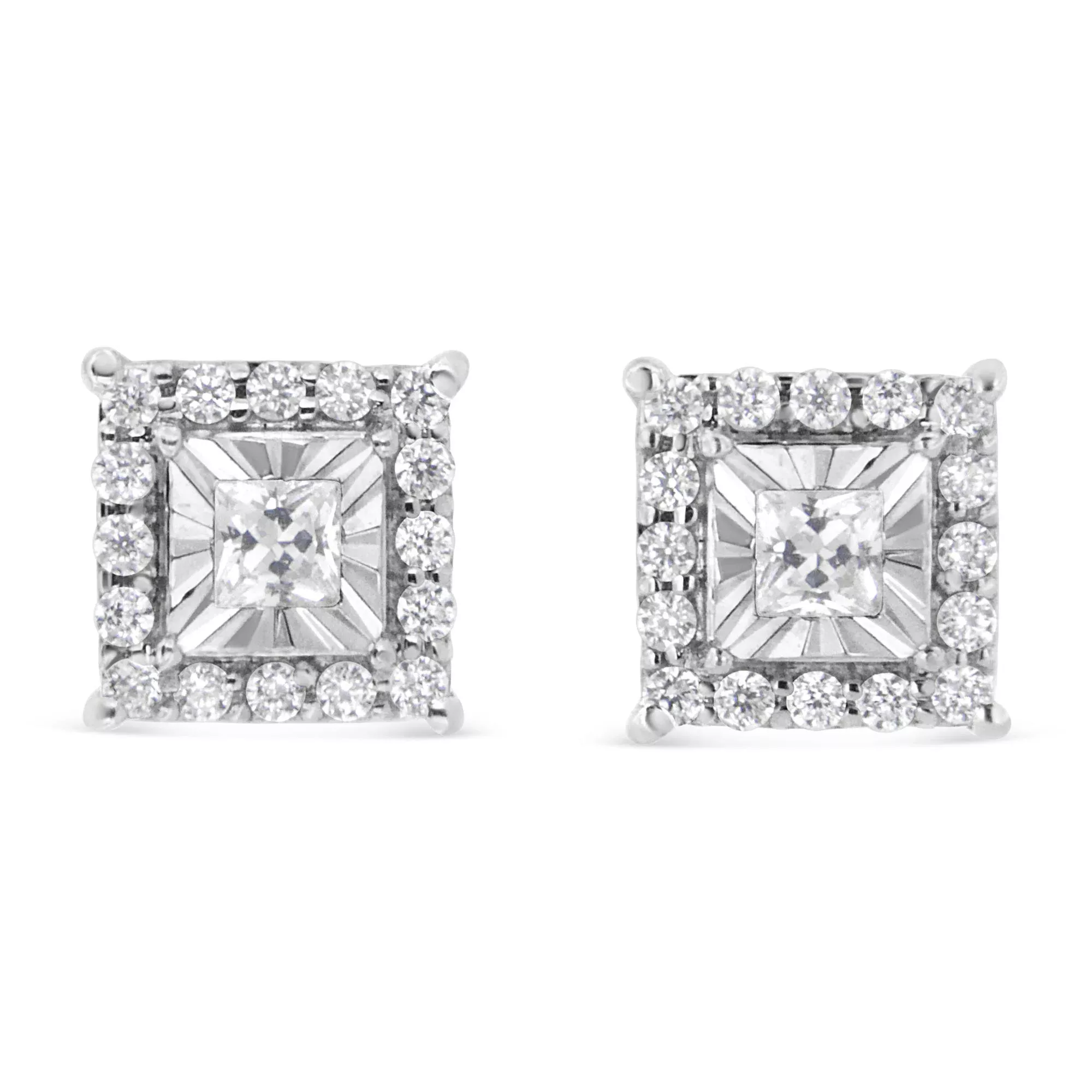 .925 Sterling Silver 1/4 Cttw Princess and Round Cut Diamond Halo Stud Earrings (I-J Color, I2-I3 Clarity)