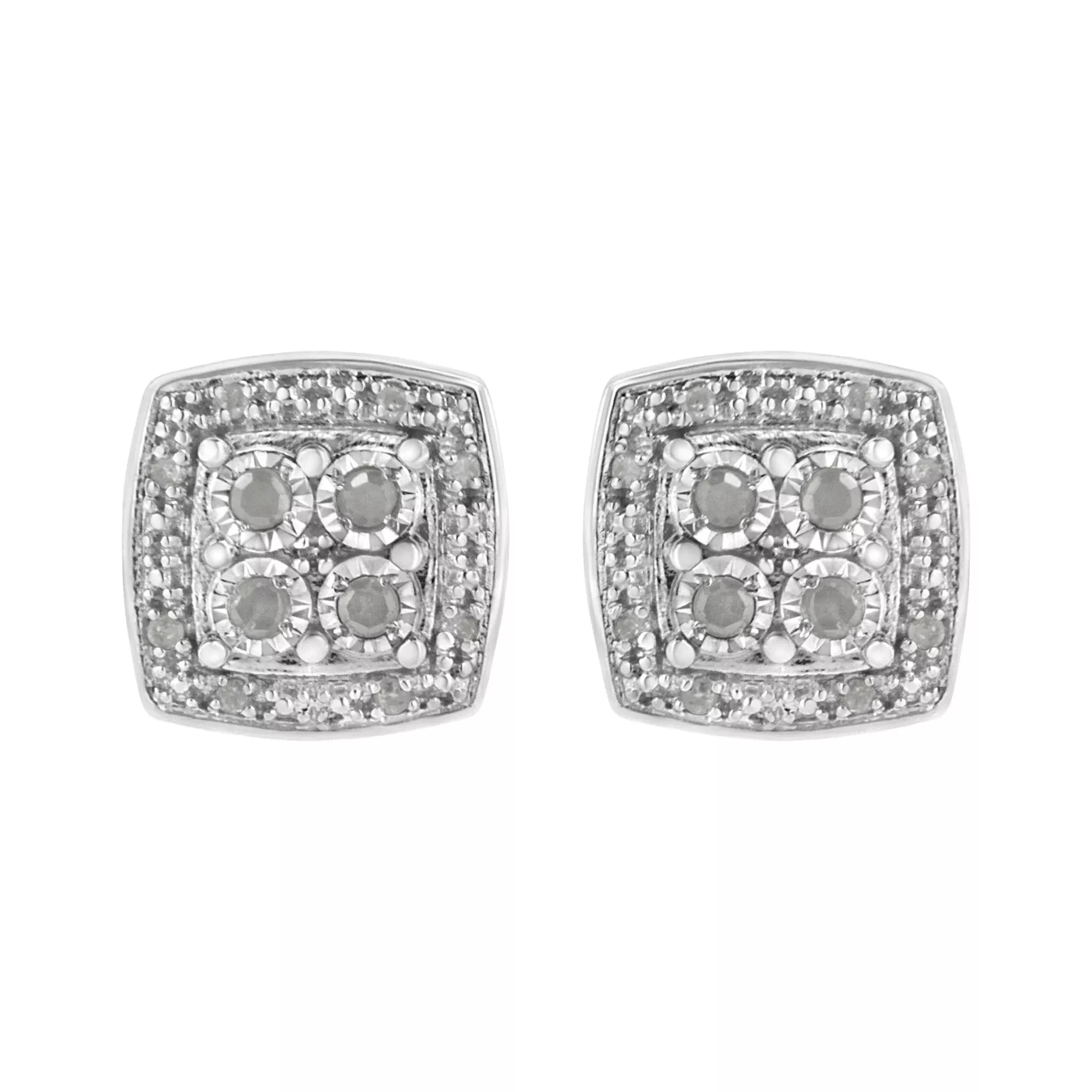 .925 Sterling Silver 1/4 cttw Round Cut Diamond Square Shape Milgrain Stud Earrings (I-J Color, I3 Clarity)
