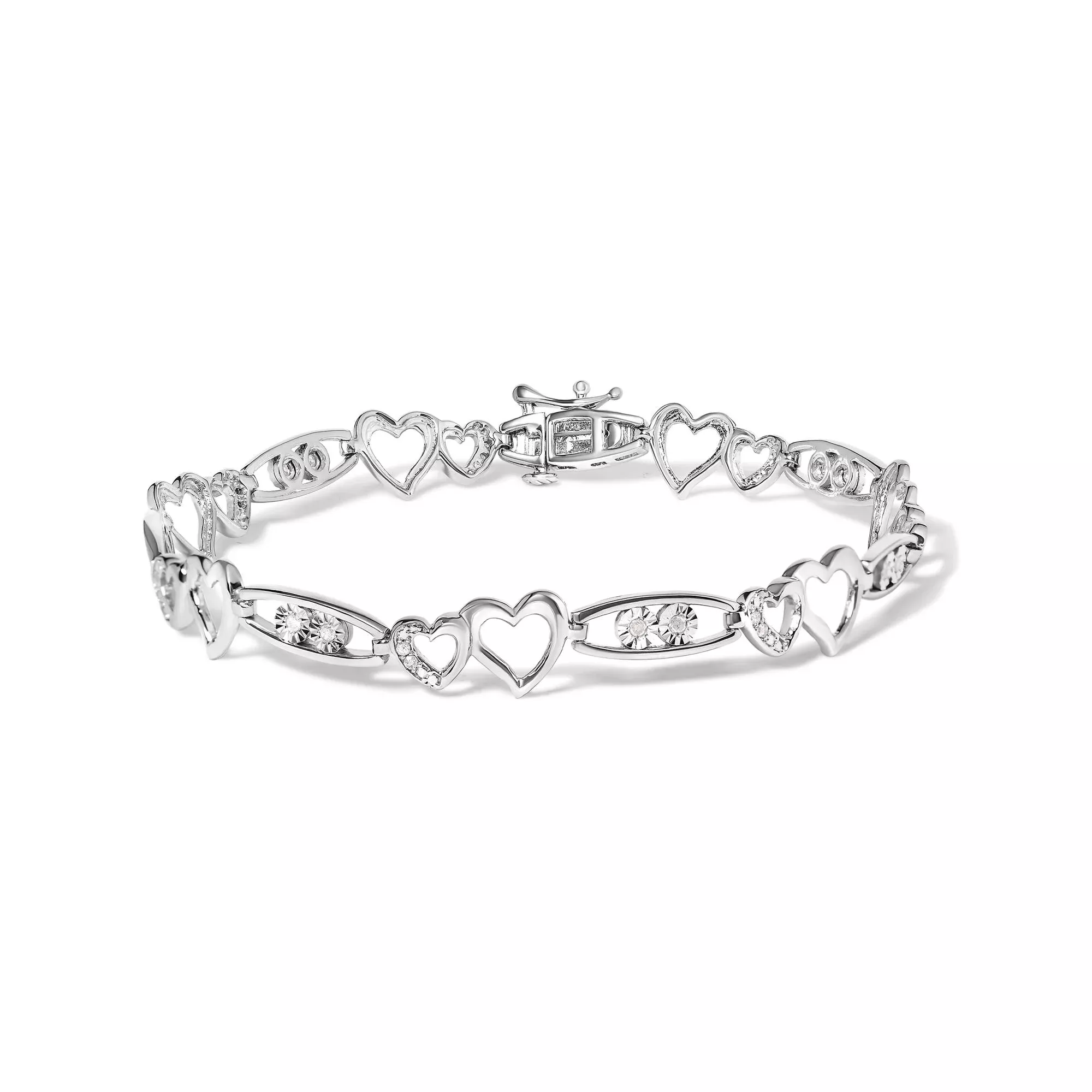 925 Sterling Silver 1/5 Cttw Diamond Double Heart Link Bracelet (I-J Color, I3 Clarity) - 7.25" Inches