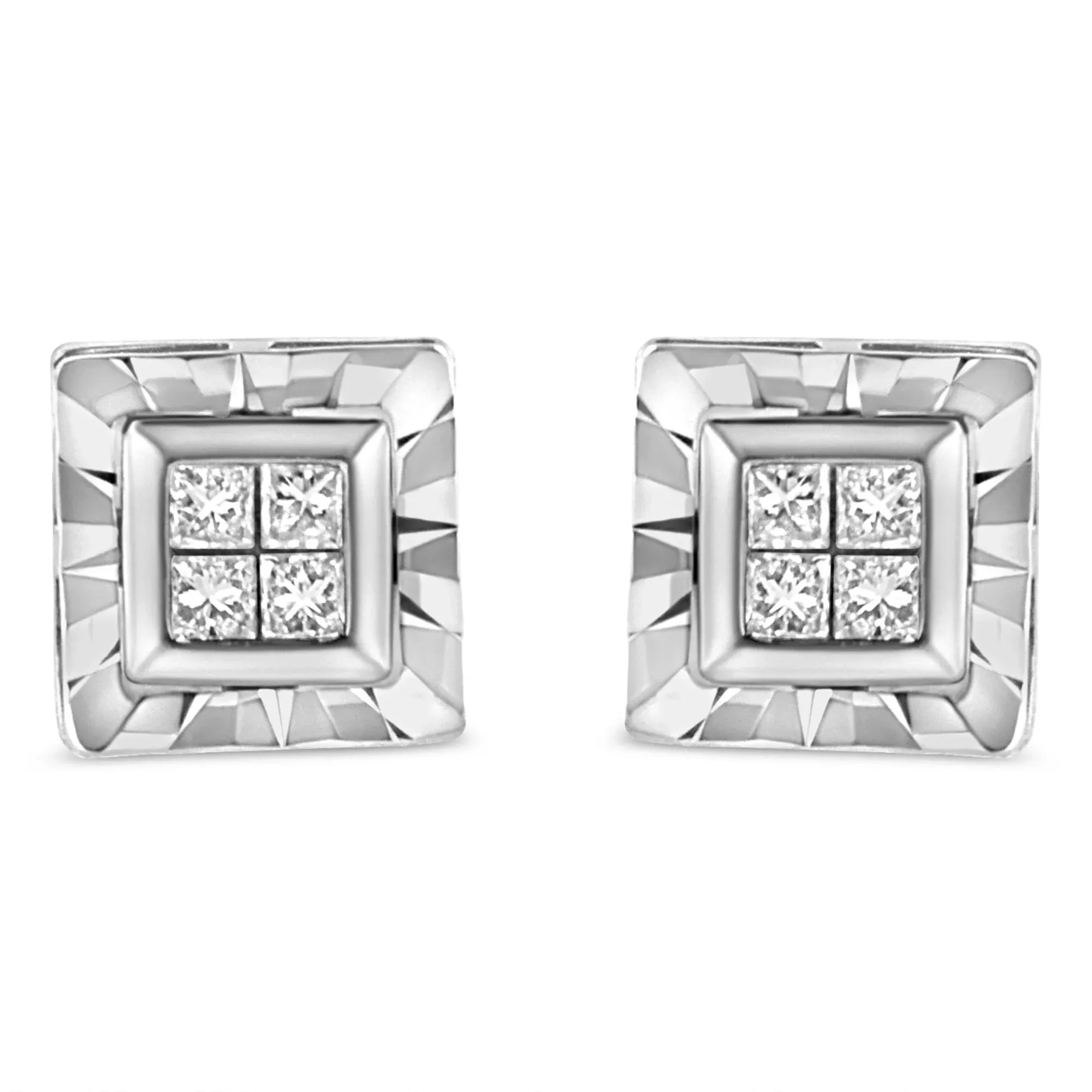 .925 Sterling Silver 1/6 Cttw Invisible Set Princess-Cut Diamond Quad Composite Stud Earrings (H-I Color, I1-I2 Clarity)
