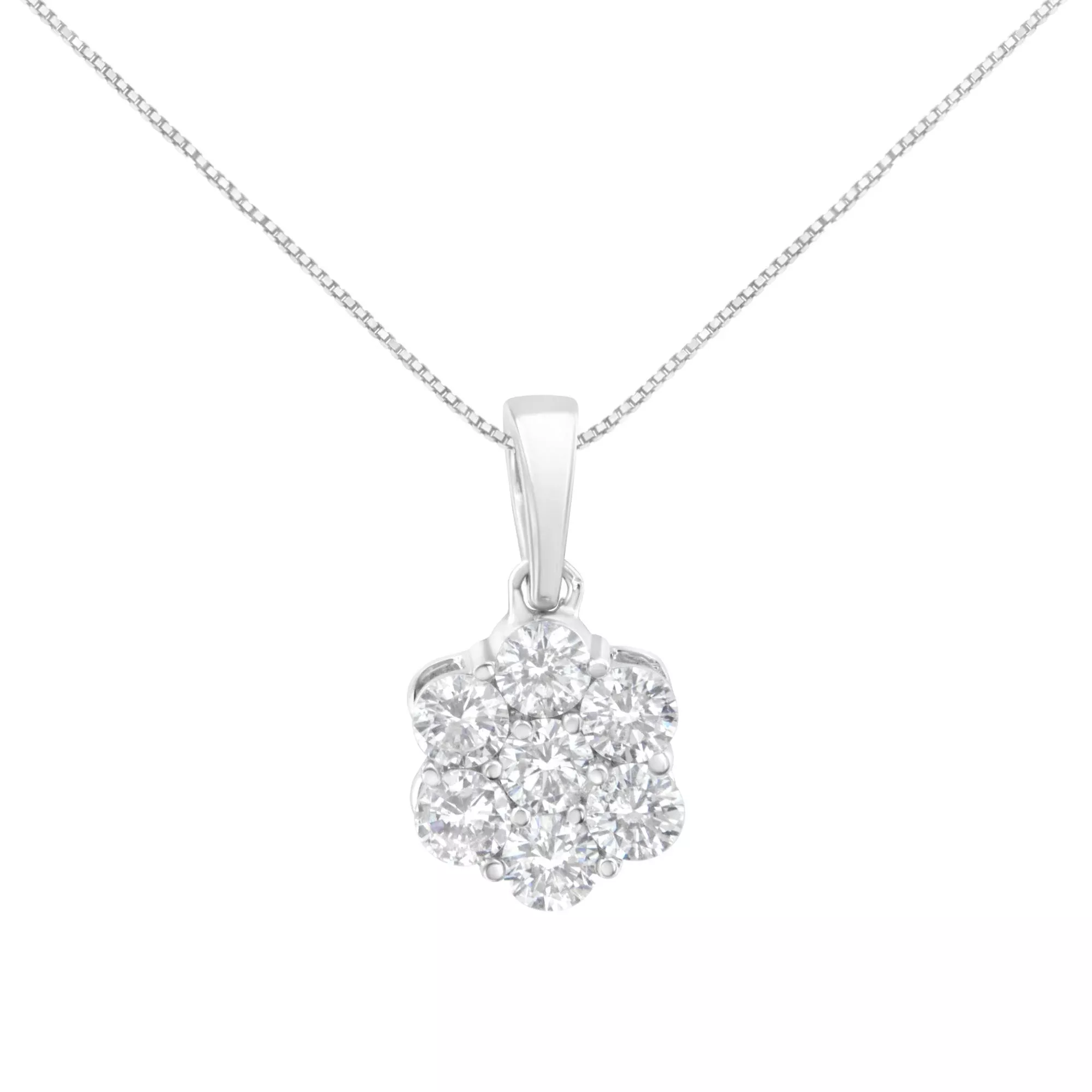 .925 Sterling Silver 1 cttw Diamond 7 Stone Flower Cluster 18" Pendant Necklace (I-J Clarity, I1-I2 Color) - 18"