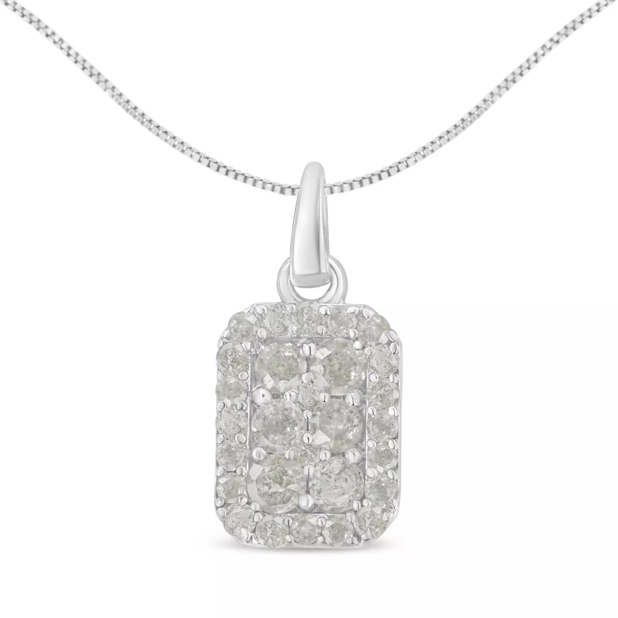 .925 Sterling Silver 1 cttw Diamond Block Pendant Necklace (I-J, I3-Promo)