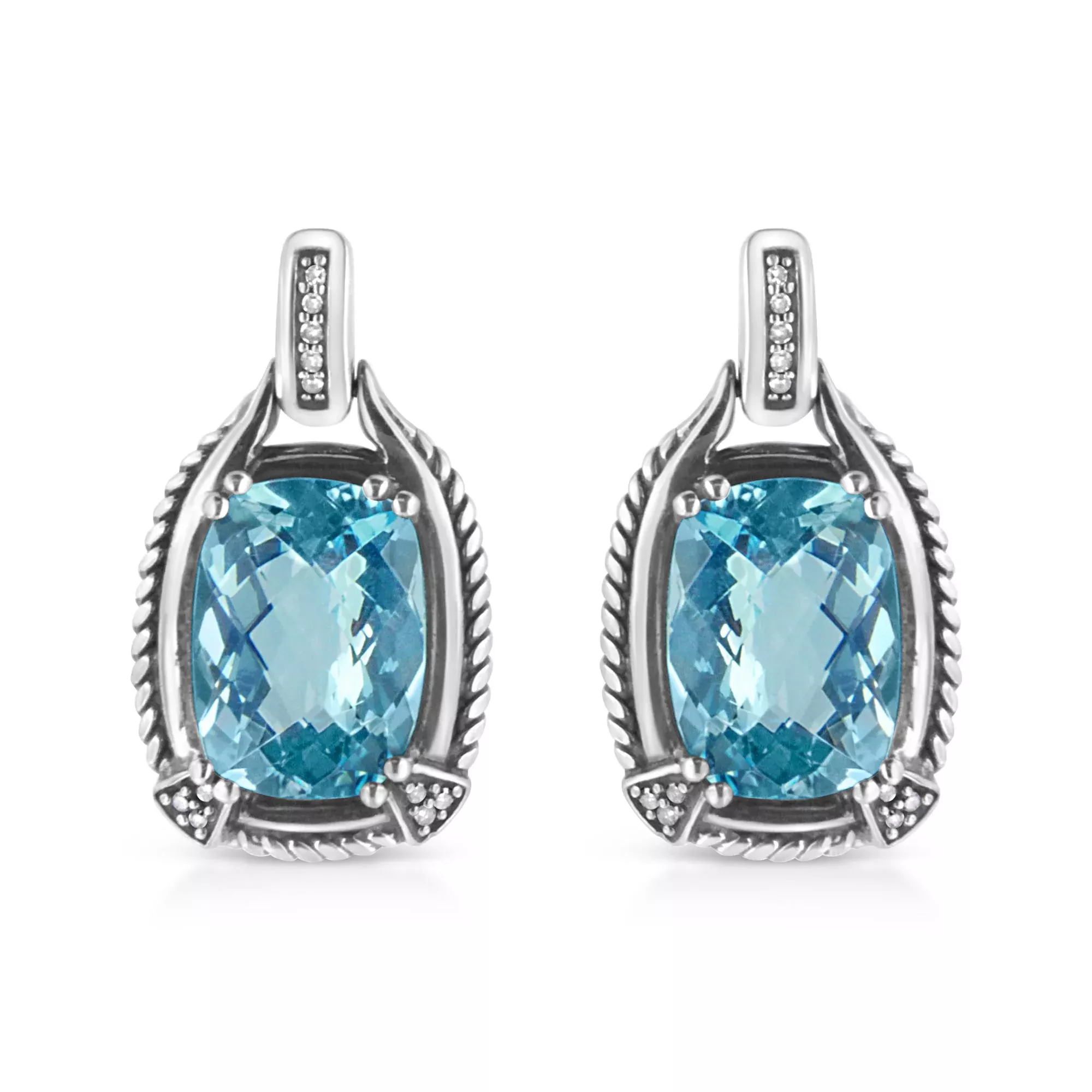 .925 Sterling Silver 14x10MM Cushion Cut Blue Topaz Gemstone and Diamond Accent Dangle Earring (I-J Color, I1-I2 Clarity)