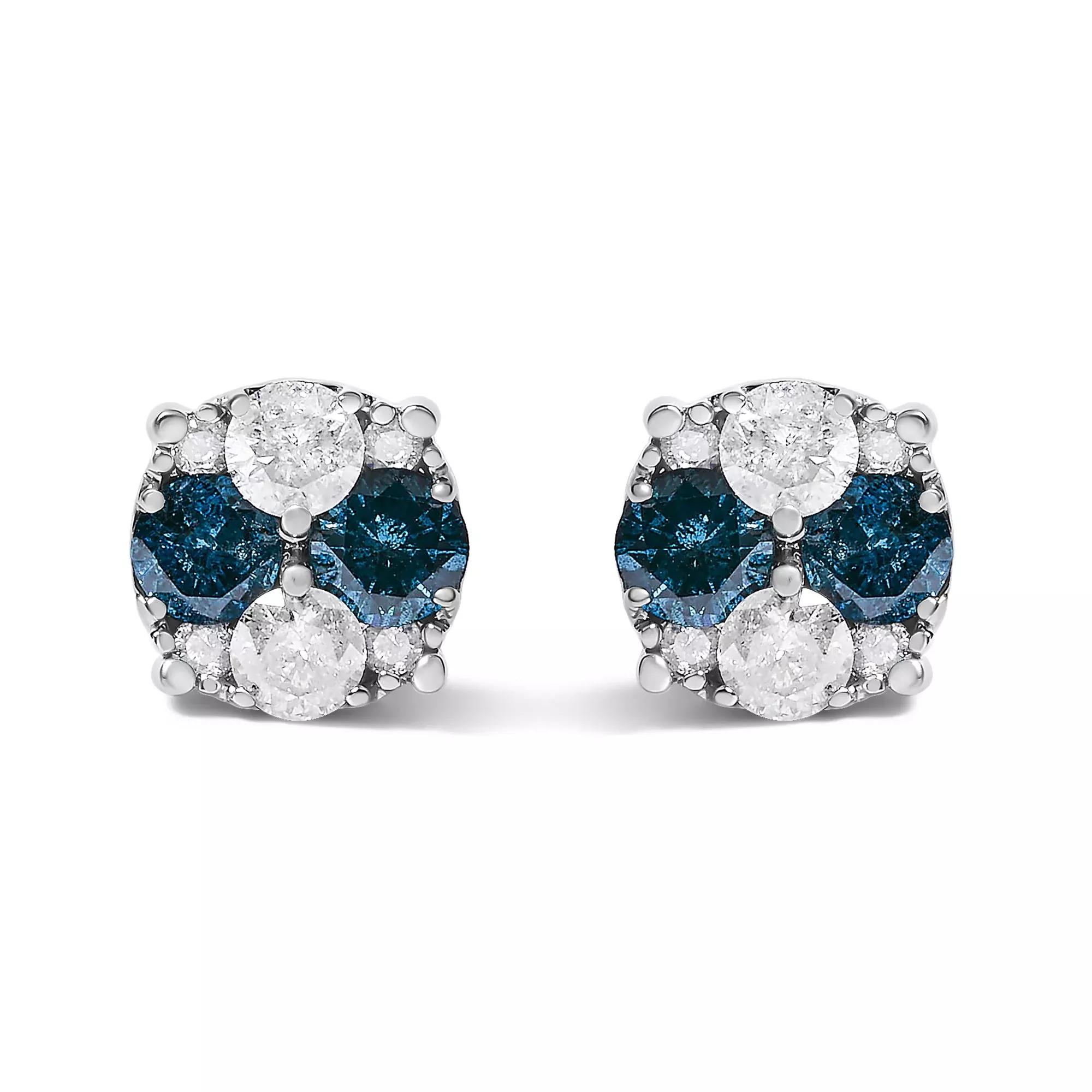 .925 Sterling Silver 2.0 Cttw Blue Diamond Composite Cluster Stud Earring