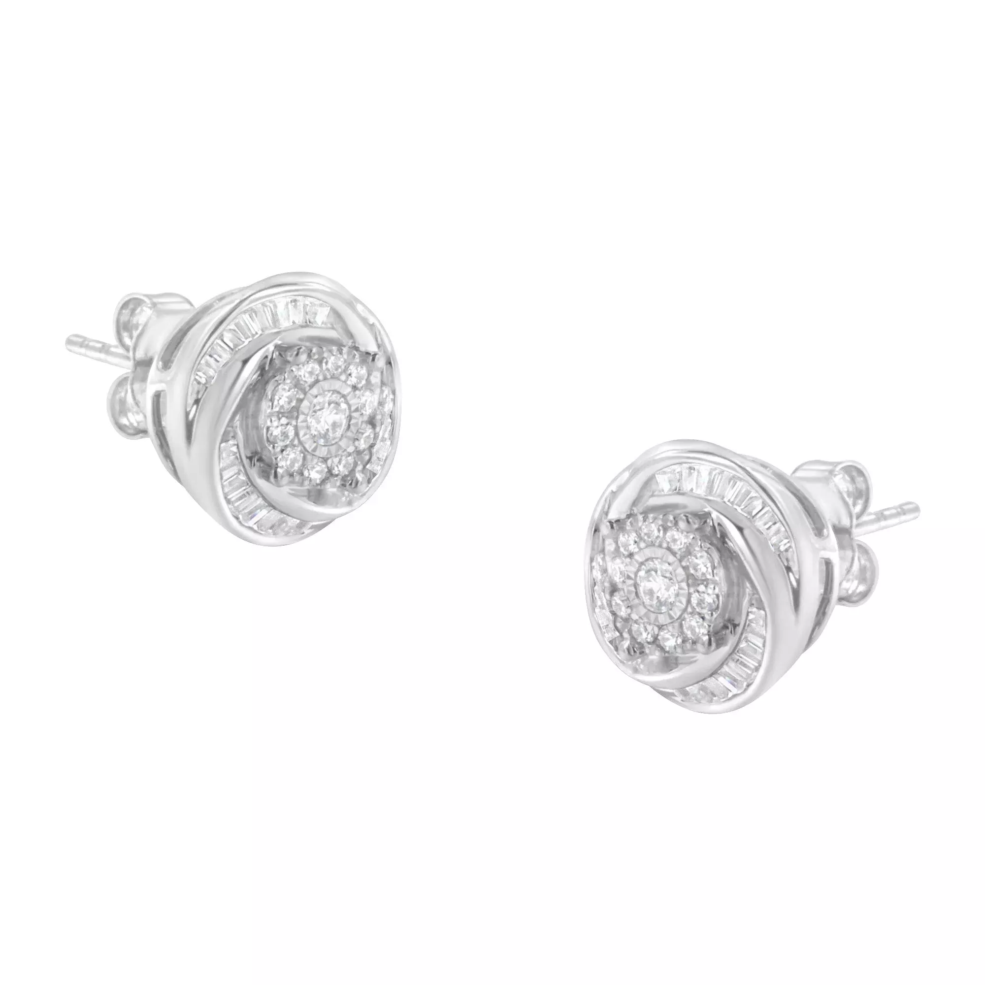 .925 Sterling Silver 3/4 Cttw Round and Baguette-Cut Diamond Love Knot Stud Earring (I-J Color, I2-I3 Clarity)