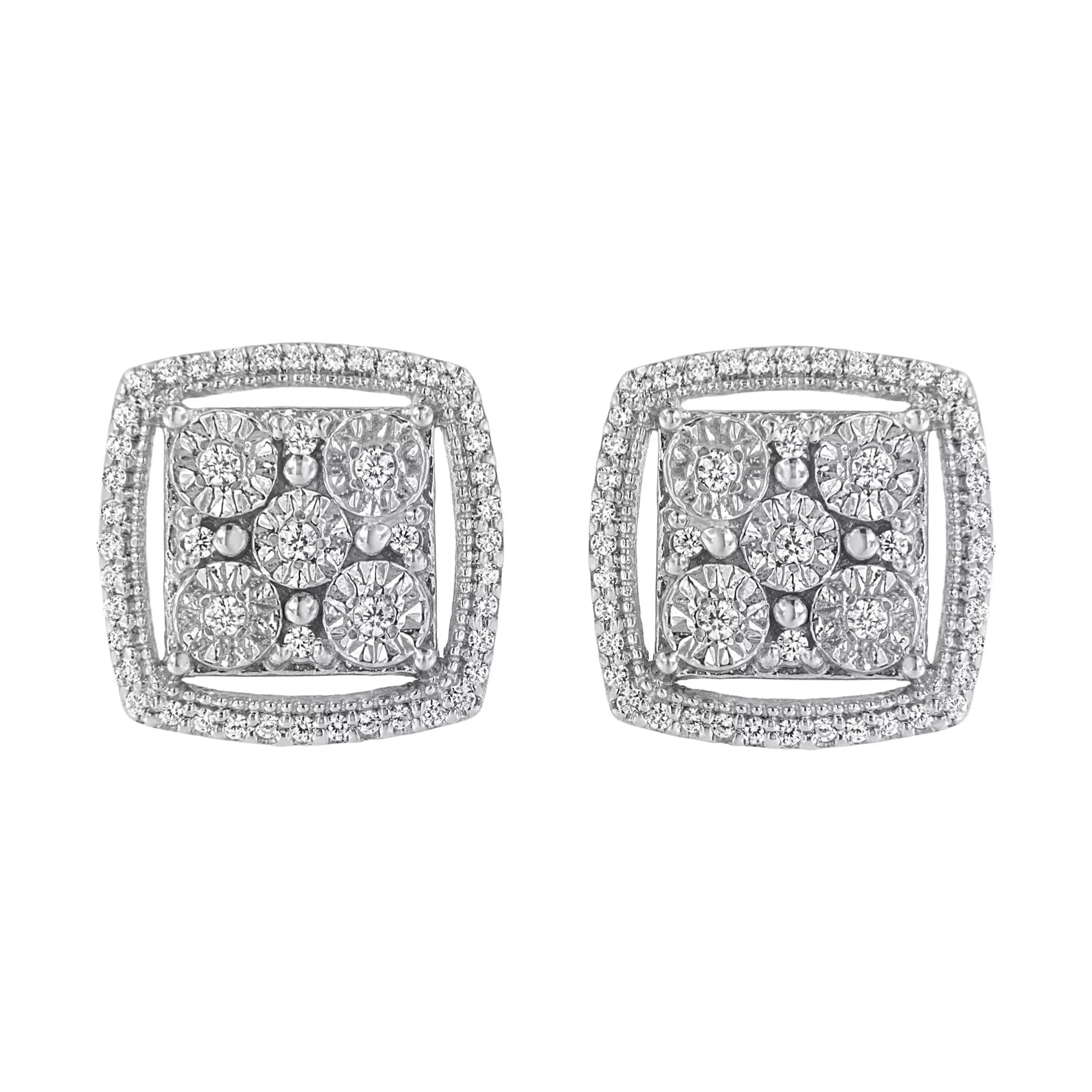 .925 Sterling Silver 3/8 Cttw Miracle Set Round Diamond Double Halo Cluster Earrings (I-J Color, I2-I3 Clarity)