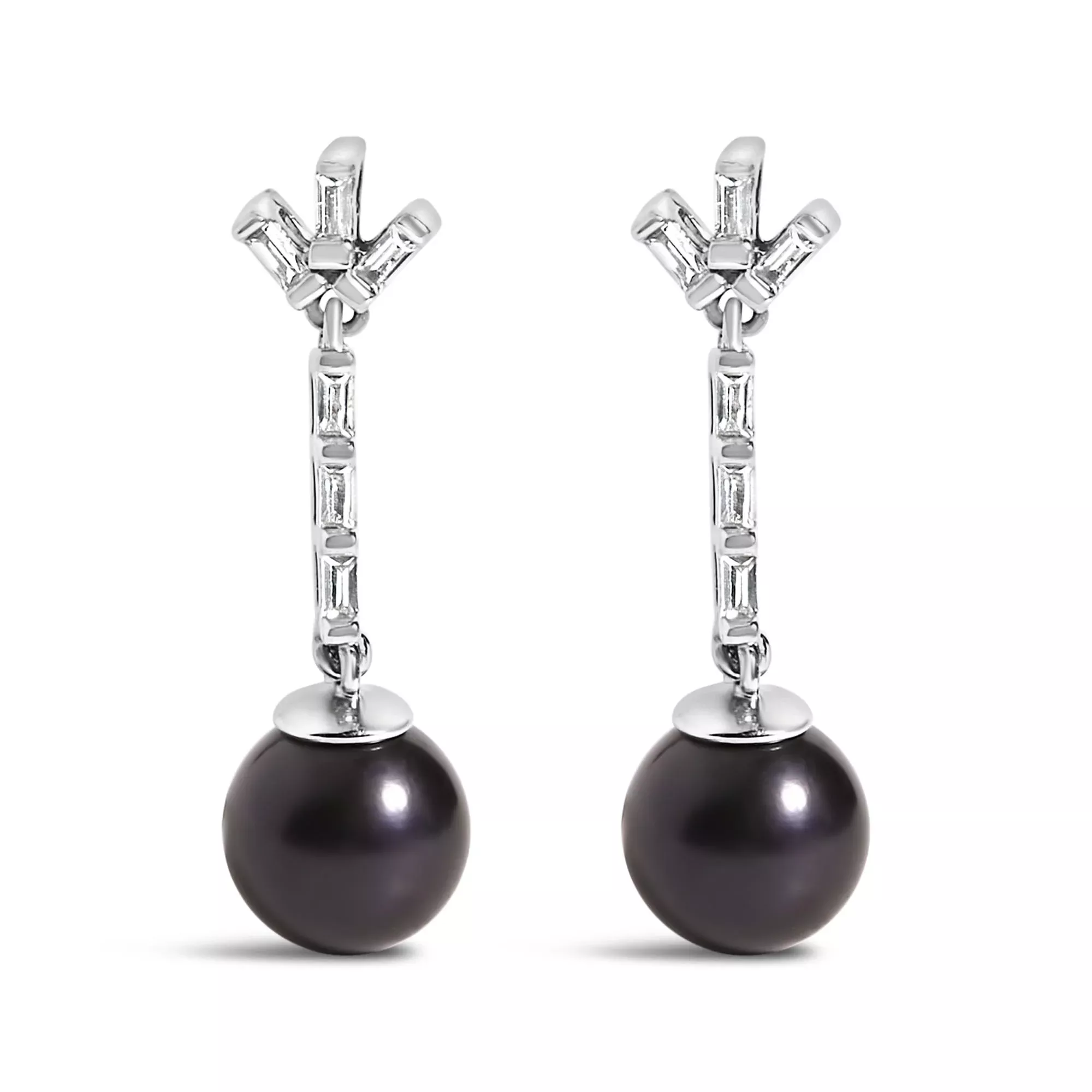 .925 Sterling silver 7MM Cultured Black Pearl and White sapphire Drop and Dangle Earring
