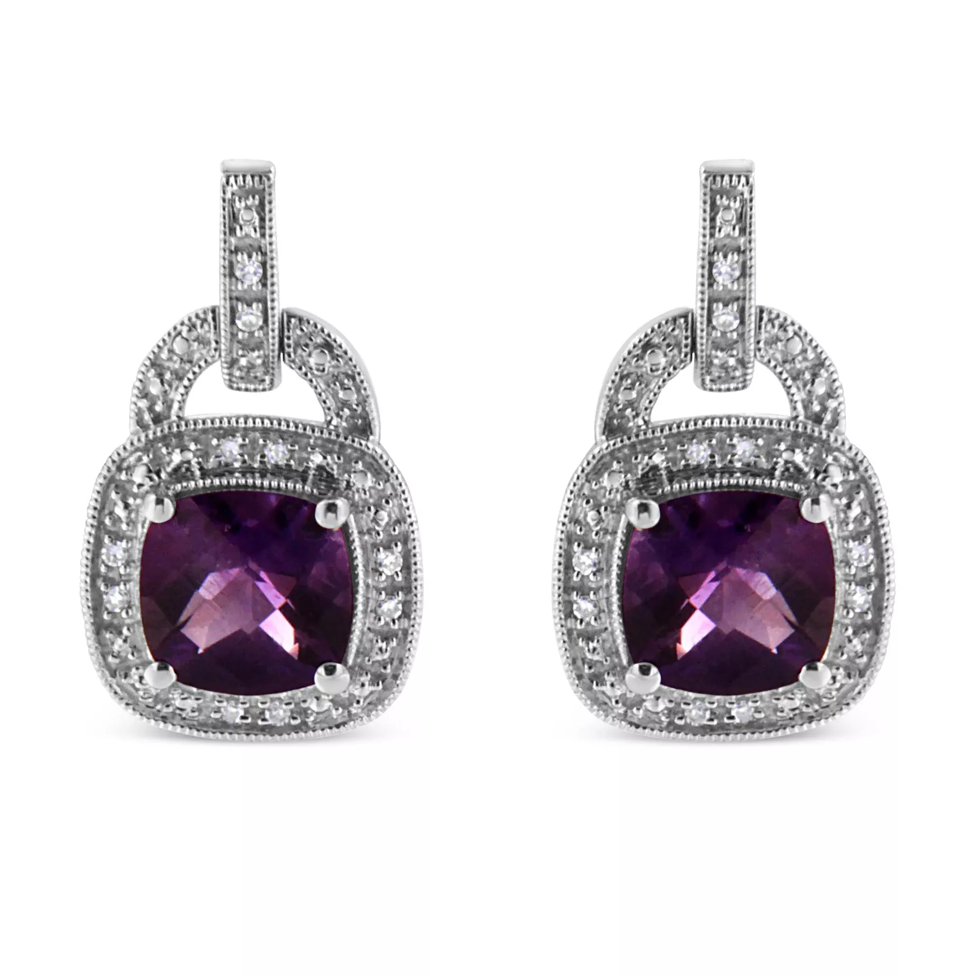 .925 Sterling Silver 8MM Natural Cushion Shaped Amethyst and Diamond Accent Halo with Push Back Dangle Earrings (I-J Color, I2-I3 Clarity)