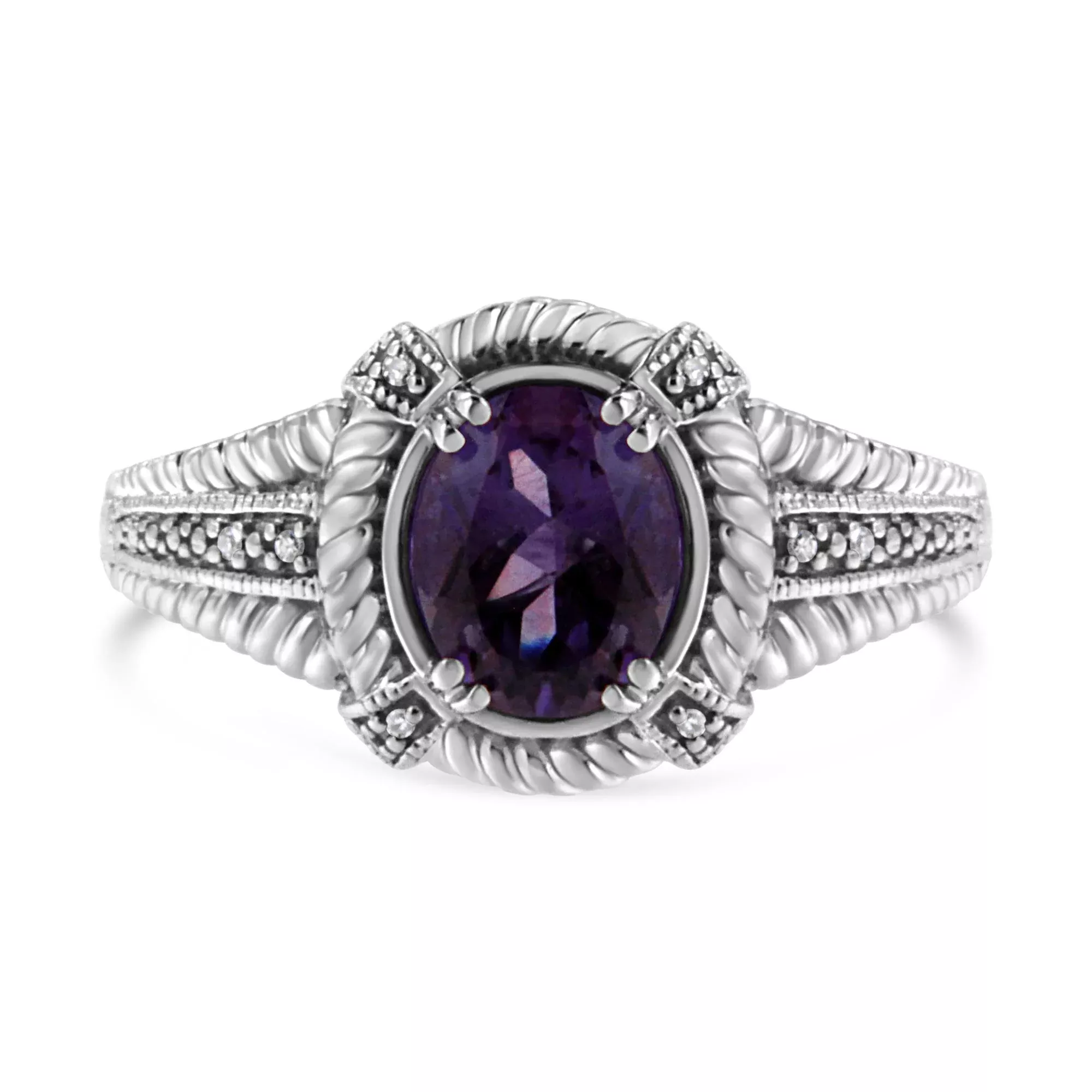 .925 Sterling Silver 9X7 Oval MM Purple Amethyst Solitaire and Diamond Accent Ring