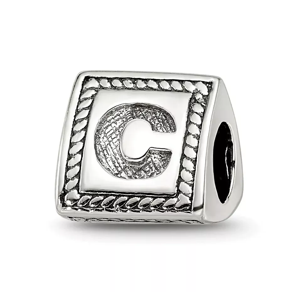 925 Sterling Silver Antiqued Letter C Triangle Bead Solid & Elegant Design