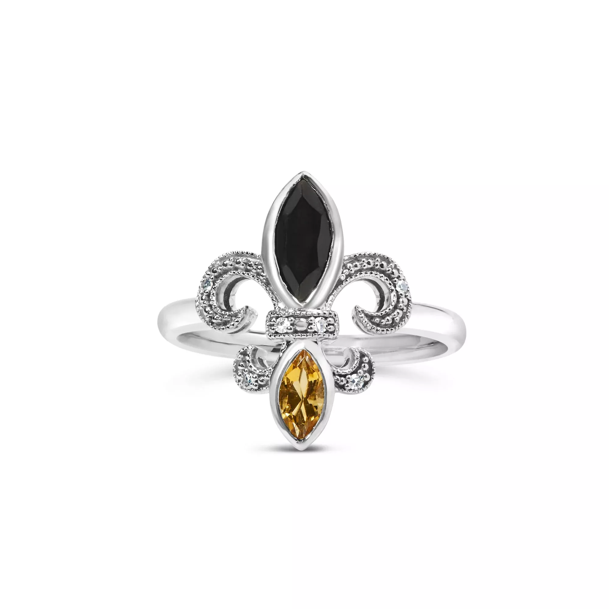 .925 Sterling Silver Black Onyx and Yellow Citrine Marquise and Diamond Accent Fleur De Lis Ring (H-I Color, SI1-SI2 Clarity)