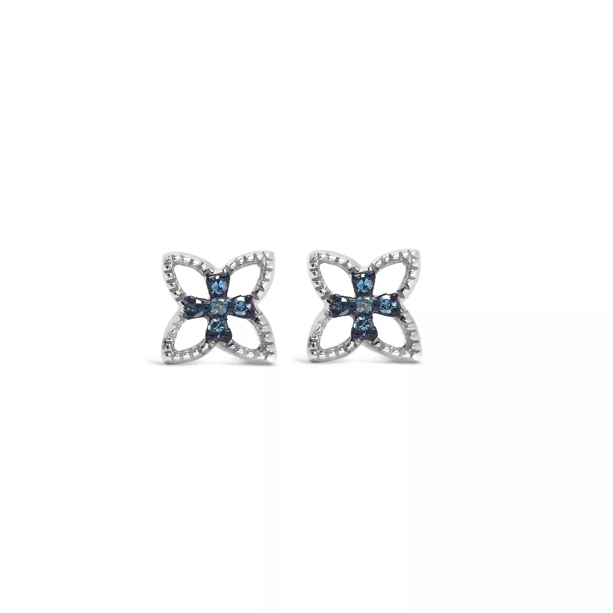 .925 Sterling Silver Blue Diamond Accent 4 Petal Flower Stud Earring (Blue Color, SI1-SI2 Clarity)
