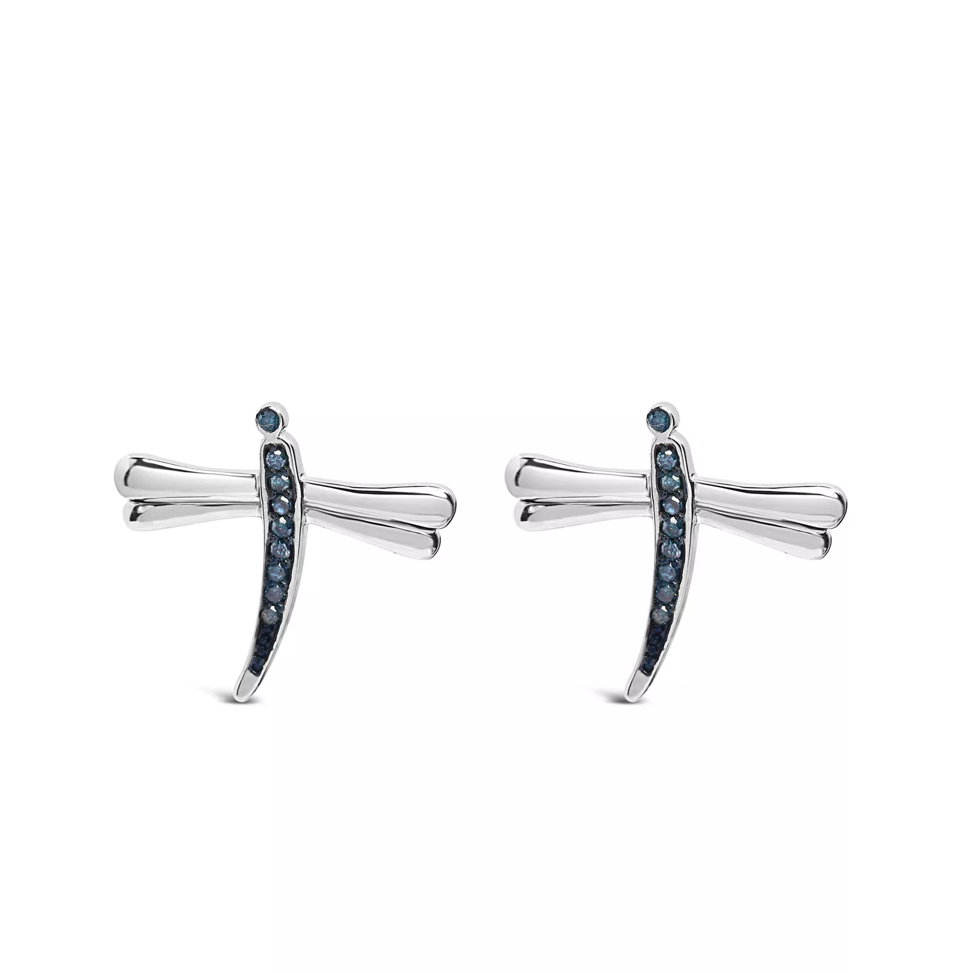 .925 Sterling Silver Blue Diamond Accent Dragonfly Stud Earrings (Blue Color, I2-I3 Clarity)