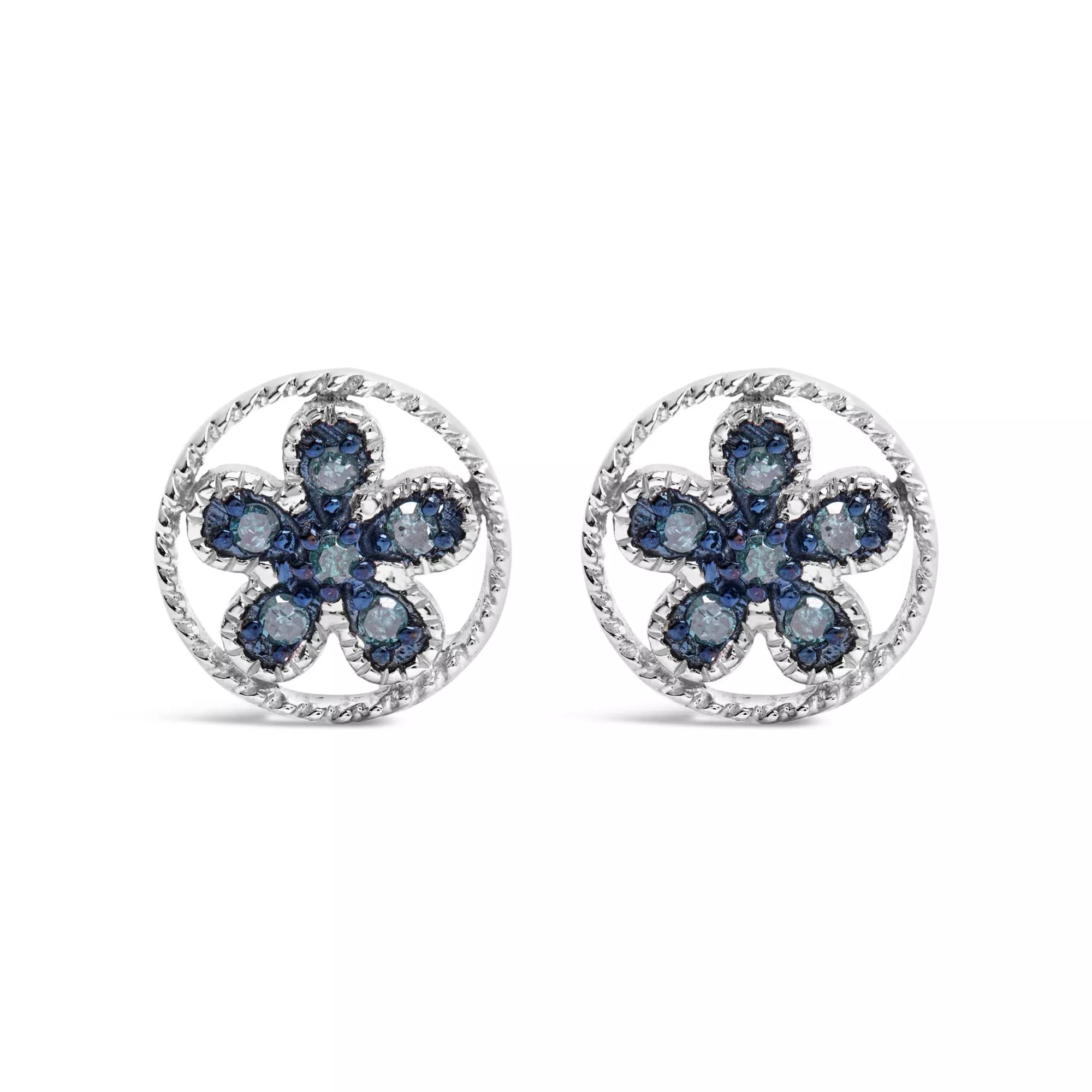 .925 Sterling Silver Blue Diamond Accent Star and Wheel Milgrain Style Stud Earrings (Blue Color, I2-I3 Clarity)
