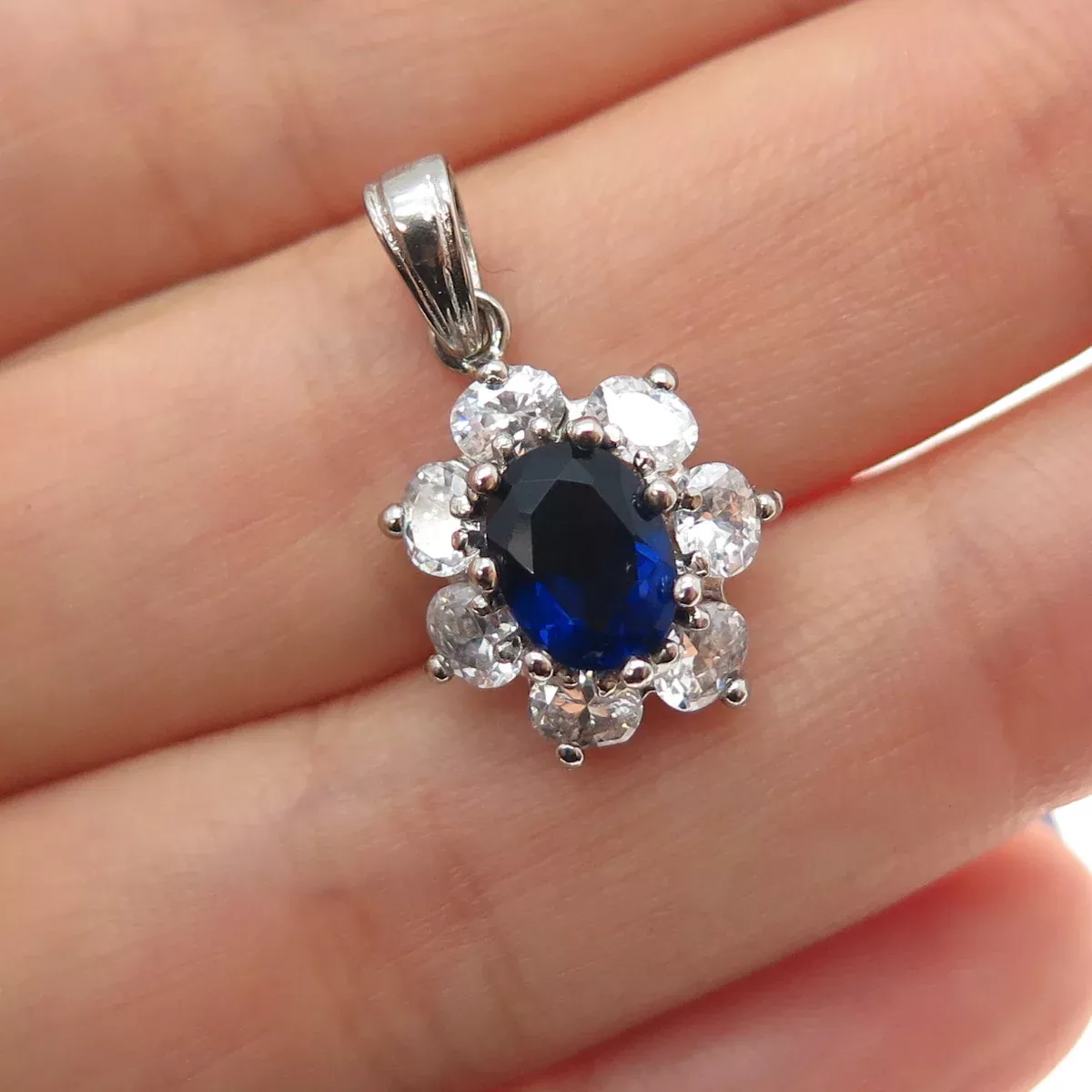 925 Sterling Silver Blue & White C Z Mini Charm Pendant