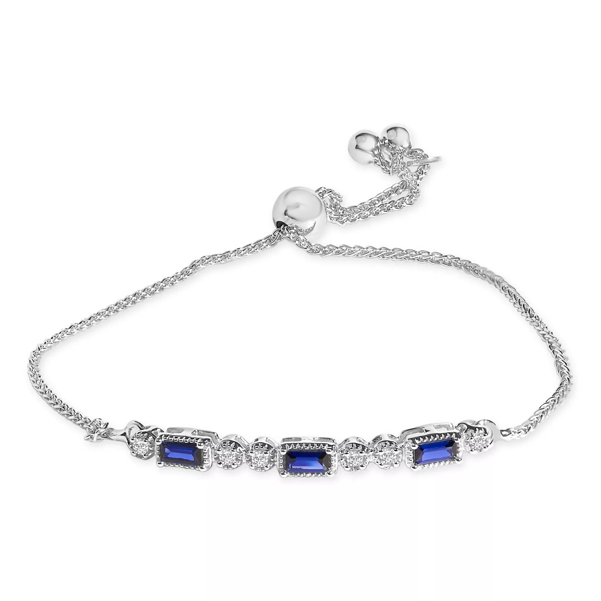 .925 Sterling Silver Created Blue Sapphire and White Sapphire Bolo Bracelet