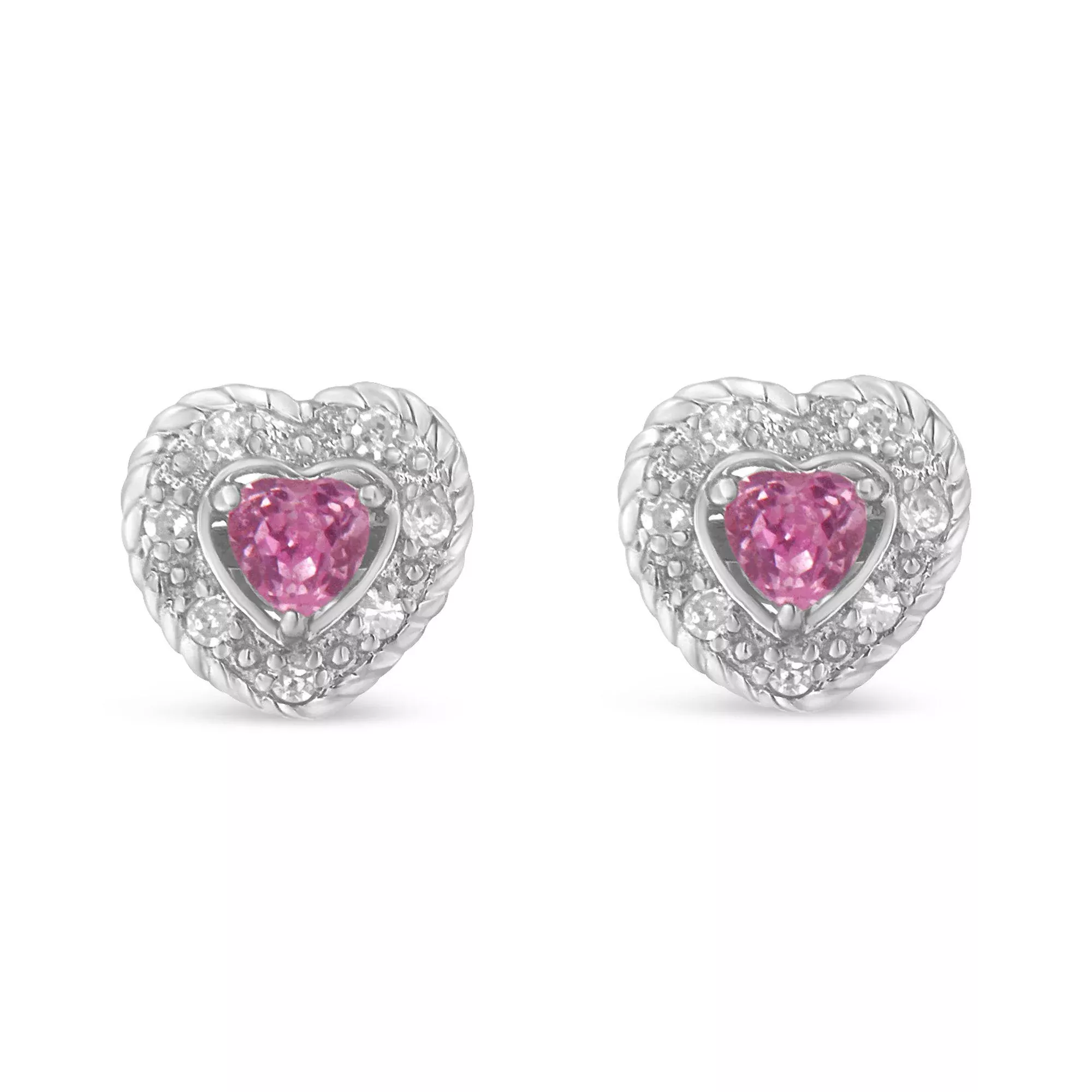 .925 Sterling Silver, Created Pink Sapphire, & Diamond-Accented 5/8" Heart-Shaped Rope Stud Earrings (I-J Color, I2-I3 Clarity)