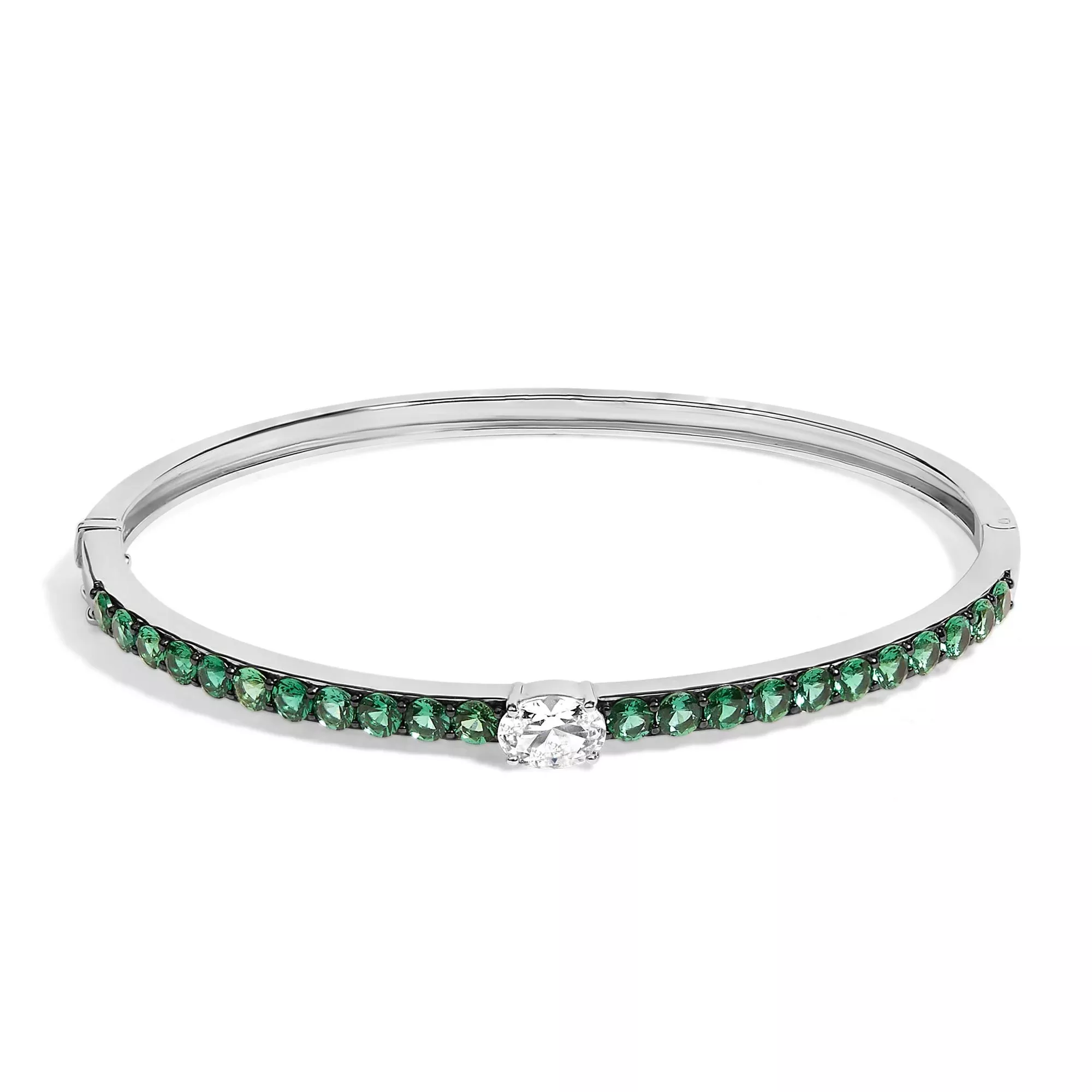 .925 Sterling Silver Created Sapphire and Emerald Semi Eternity Bangle Bracelet - 7" Inches