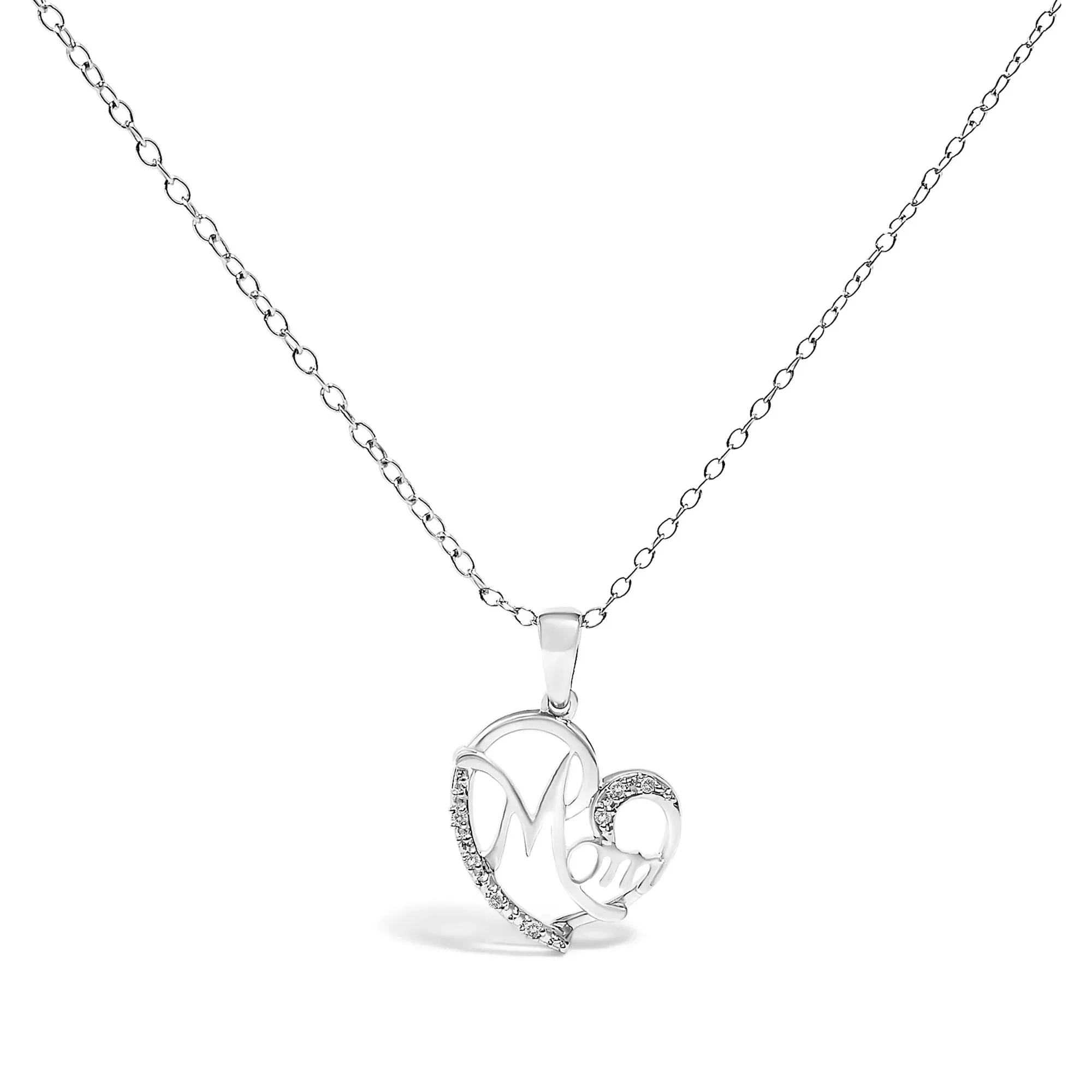 .925 Sterling Silver Cursive Mom Heart Diamond Accent Pendant Necklace (J-K Color, I2-I3 Clarity) - 18" Inches