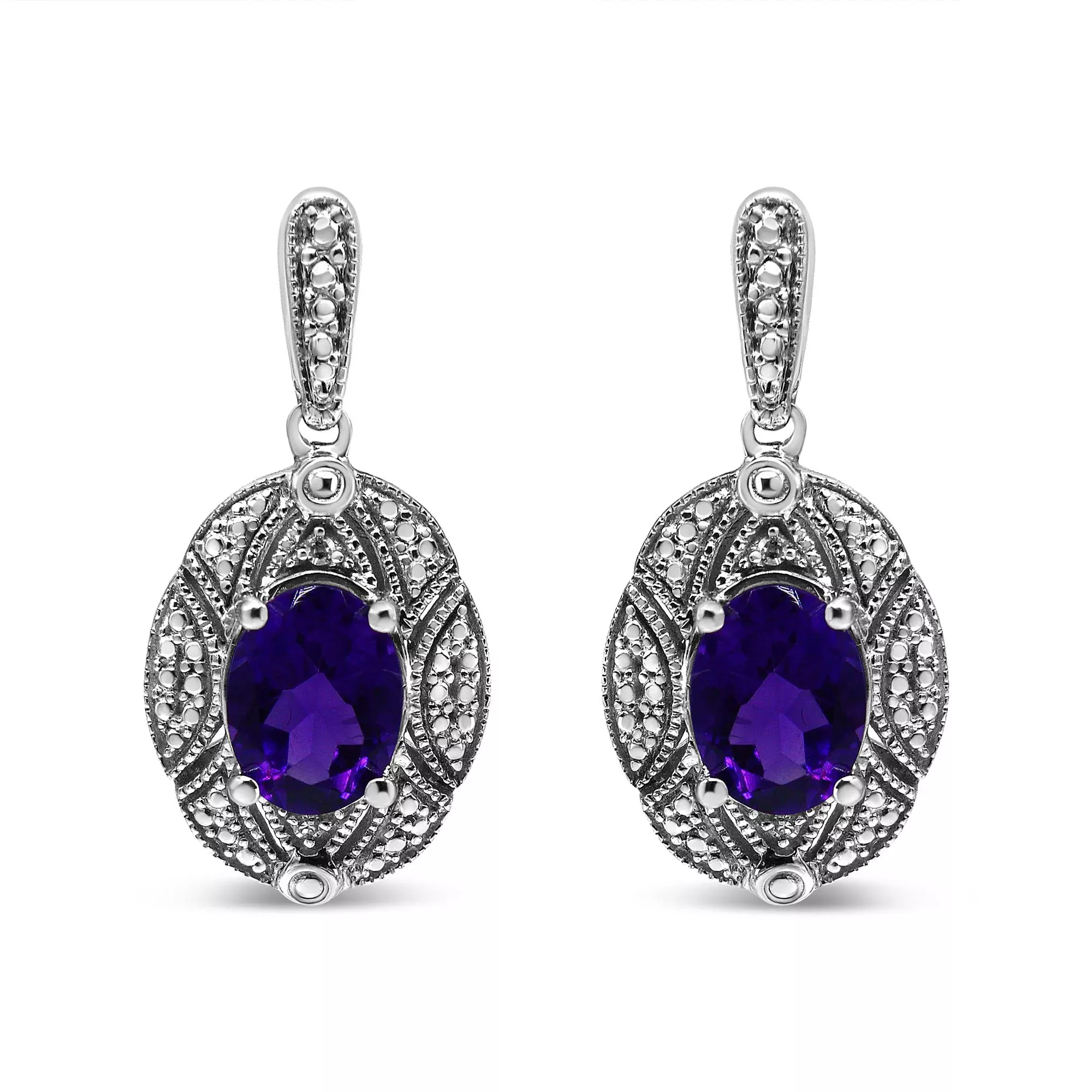 .925 Sterling Silver Diamond Accent and 8x6mm Purple Oval Amethyst Stud Earrings (I-J Color, I1-I2 Clarity)