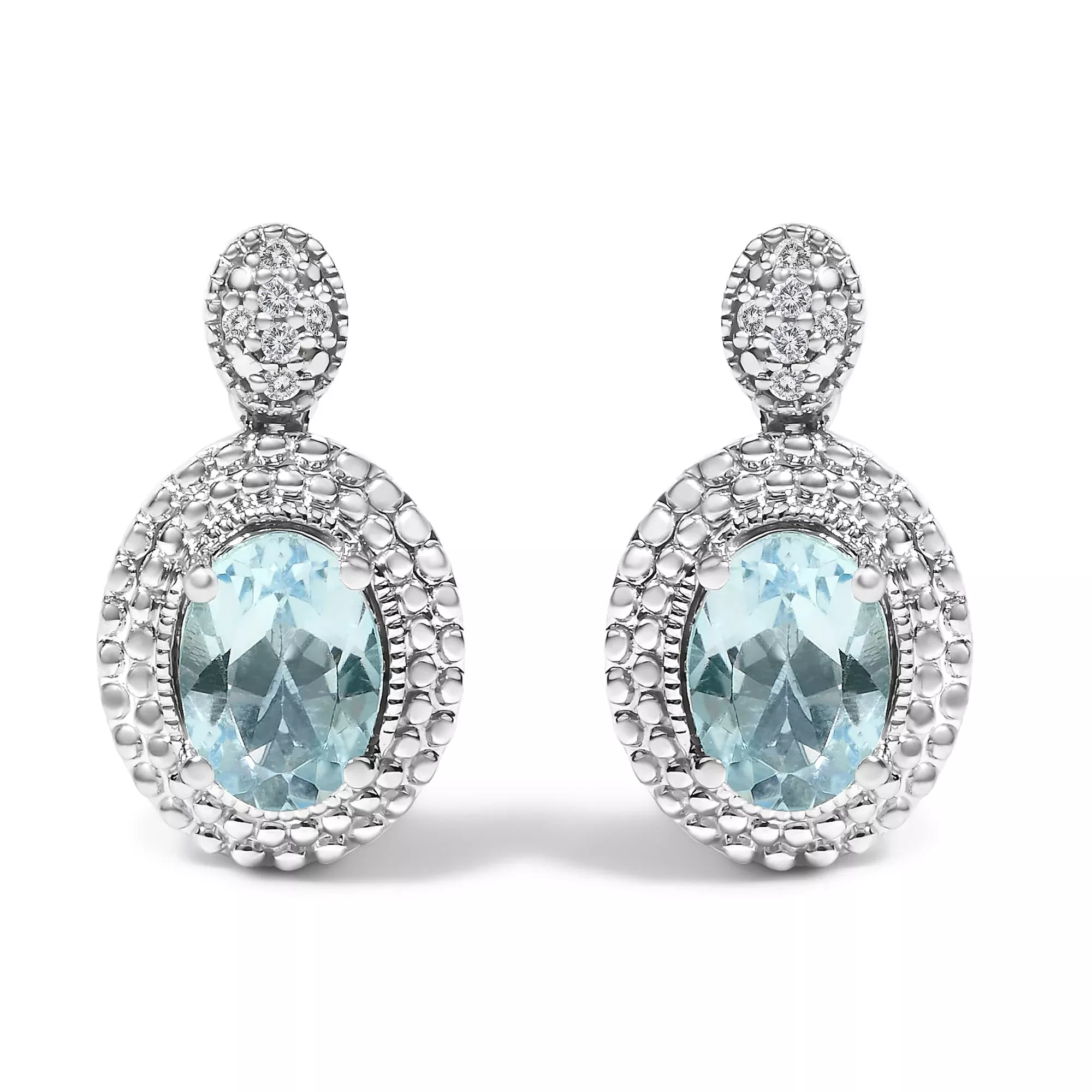 .925 Sterling Silver Diamond Accent andOval Blue Topaz with Beaded Halo Drop Stud Earrings (I-J color, I1-I2 Clarity)