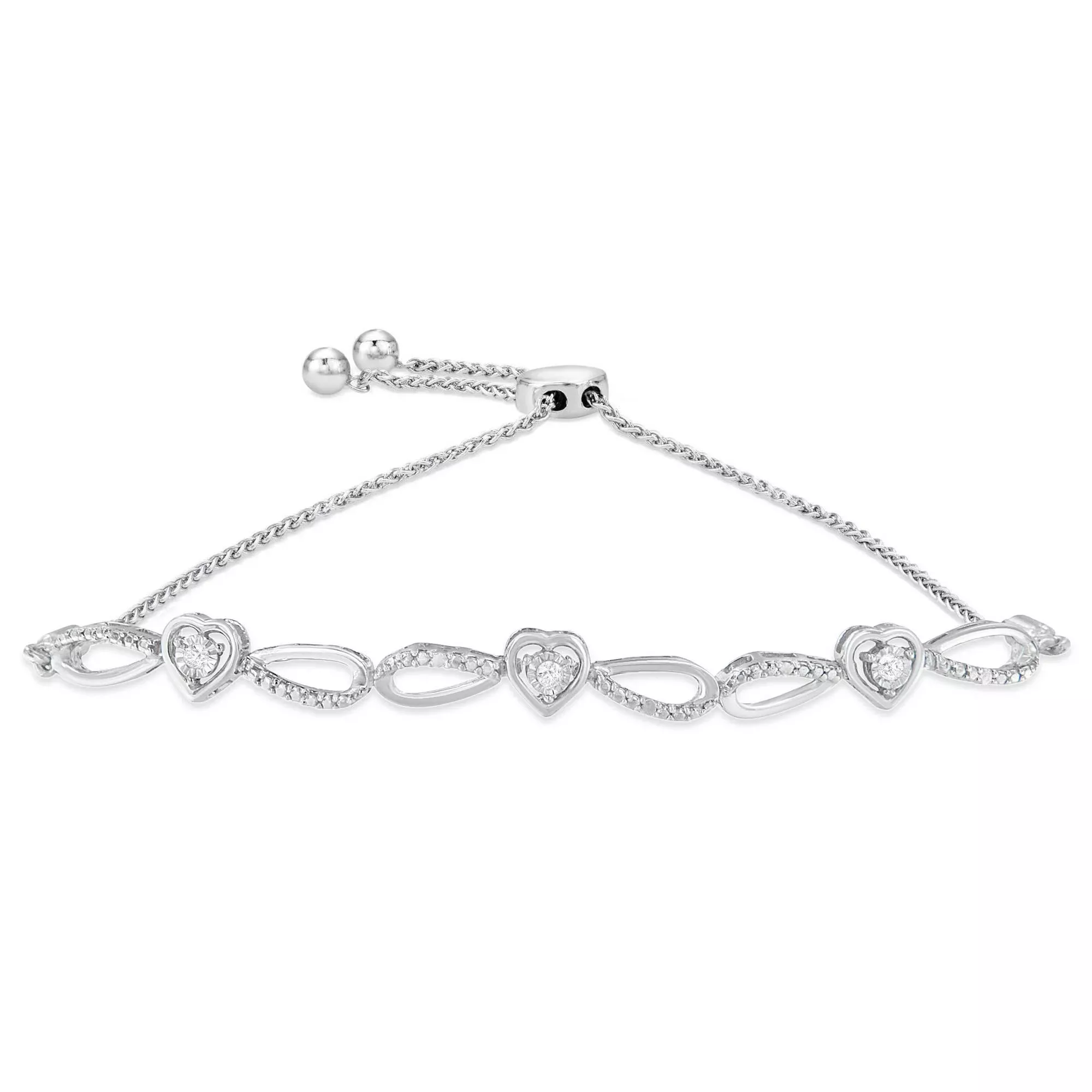 .925 Sterling Silver Diamond Accent Heart and Infinity 4”-10” Adjustable Bolo Bracelet (I-J Color, I3 Clarity)