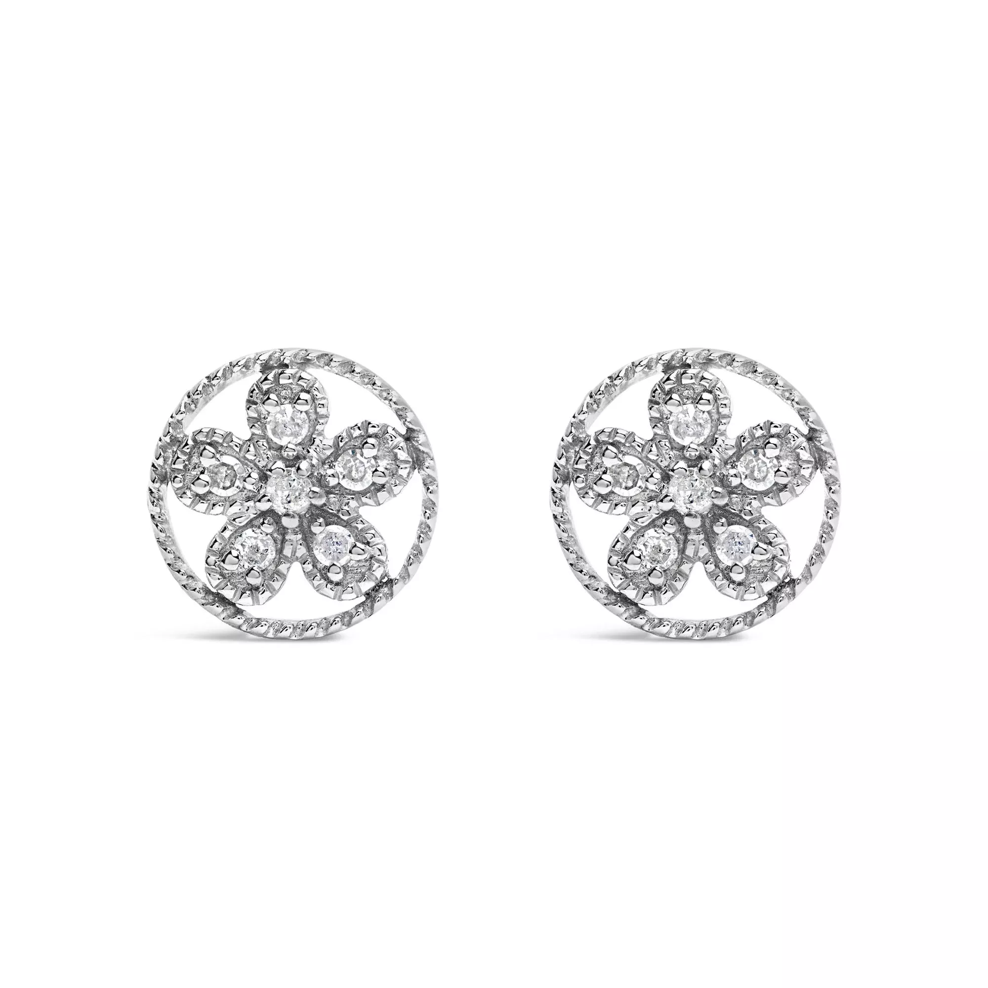 .925 Sterling Silver Diamond Accent Star and Wheel Milgrain Style Stud Earrings (I-J Color, I2-I3 Clarity)