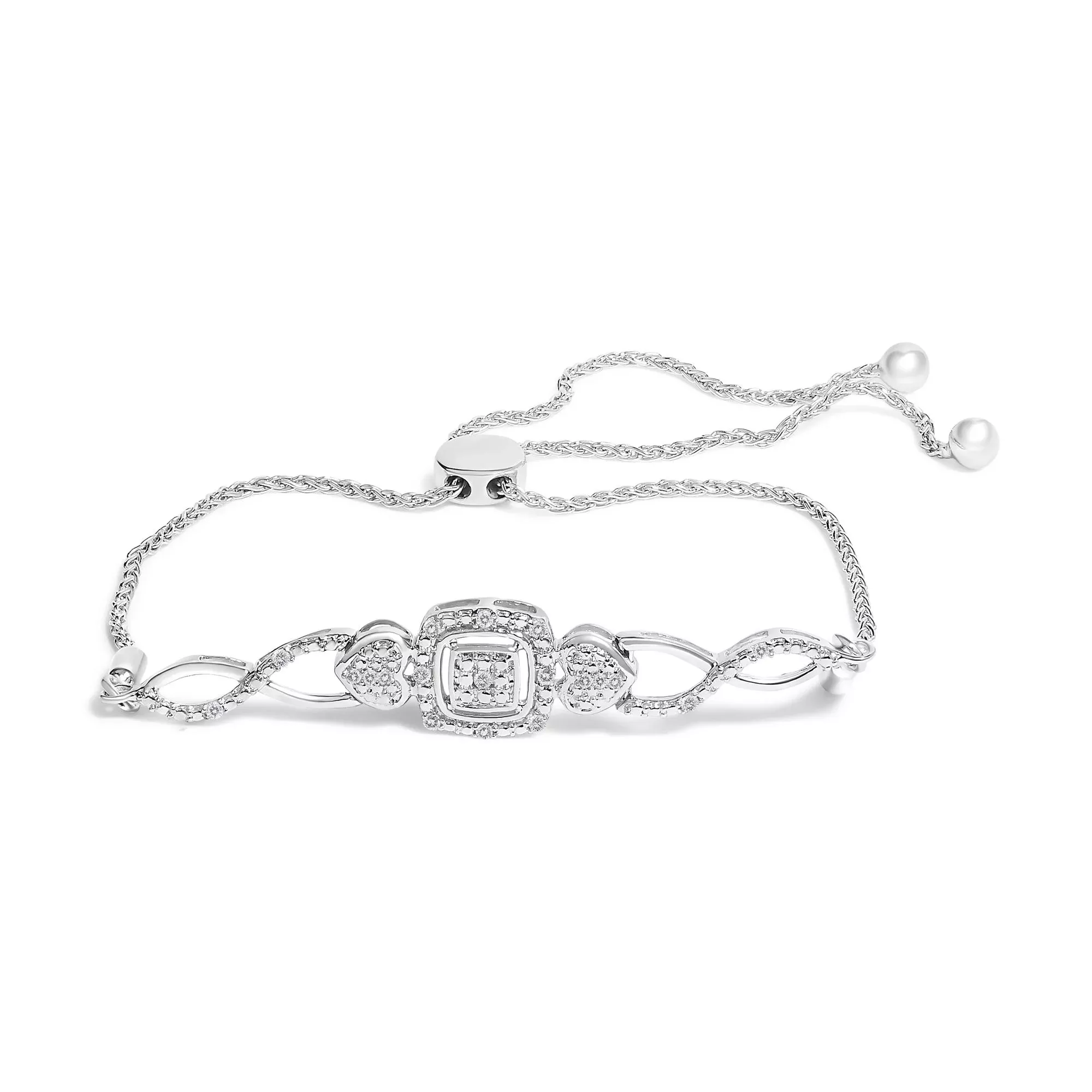 .925 Sterling Silver Diamond Cushion Frame Heart-Sides Twist 4”-10” Adjustable Bolo Tennis Bolo Bracelet (I-J Color, I3 Clarity)