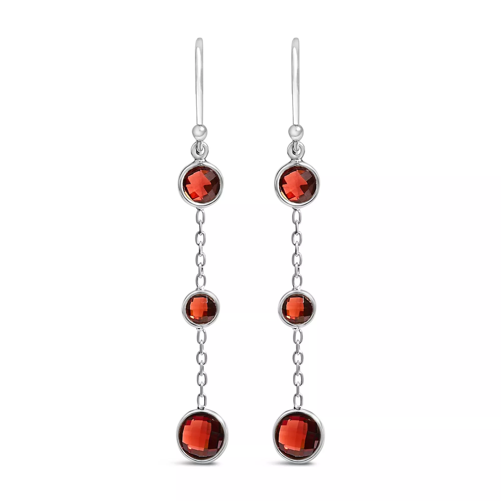 .925 Sterling Silver Graduating Bezel Set Red Garnet Dangle Earring