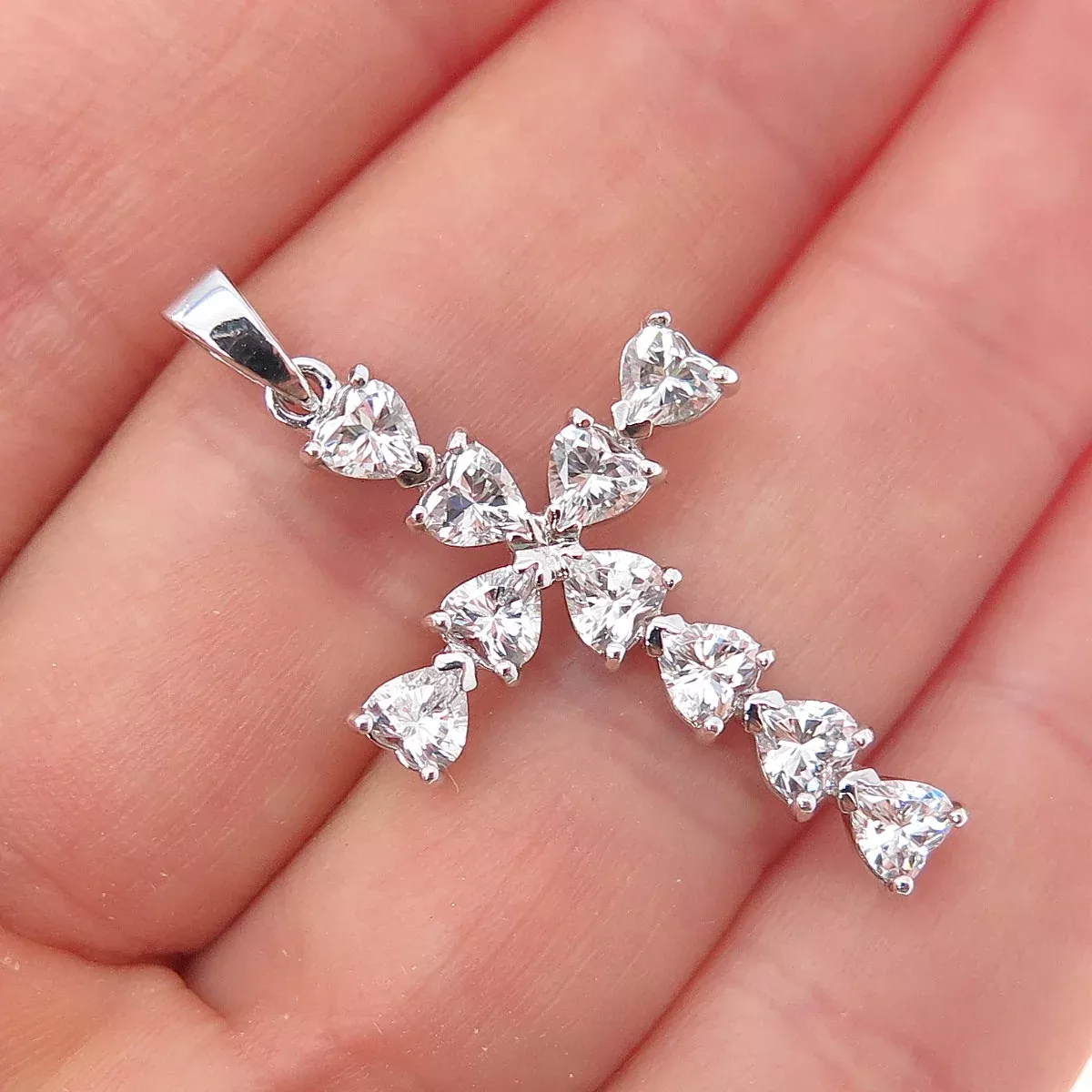 925 Sterling Silver Heart-Cut C Z Cross Charm Pendant