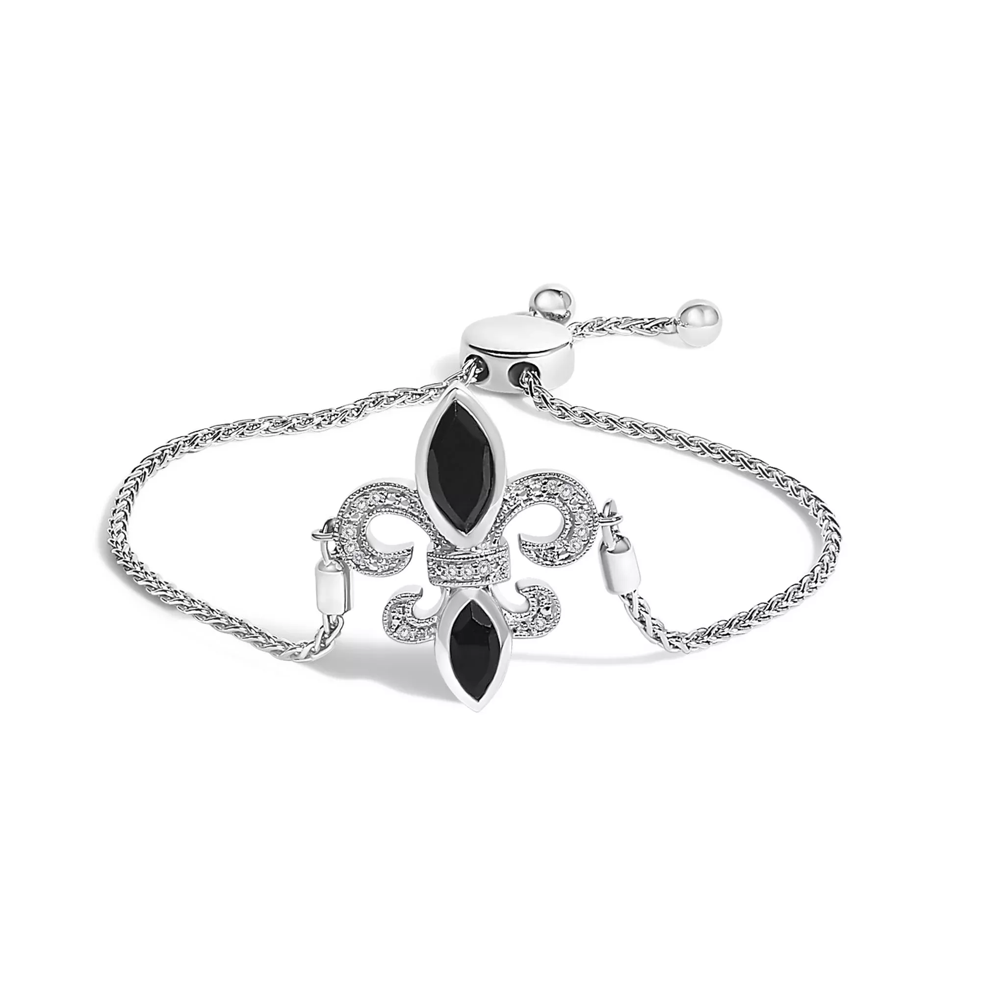 .925 Sterling Silver Marquise Black Onyx and Diamond Accent Lariat 4”-10” Fleur De Lis Adjustable Bolo Bracelet (I-J Color, I1-I2 Clarity)