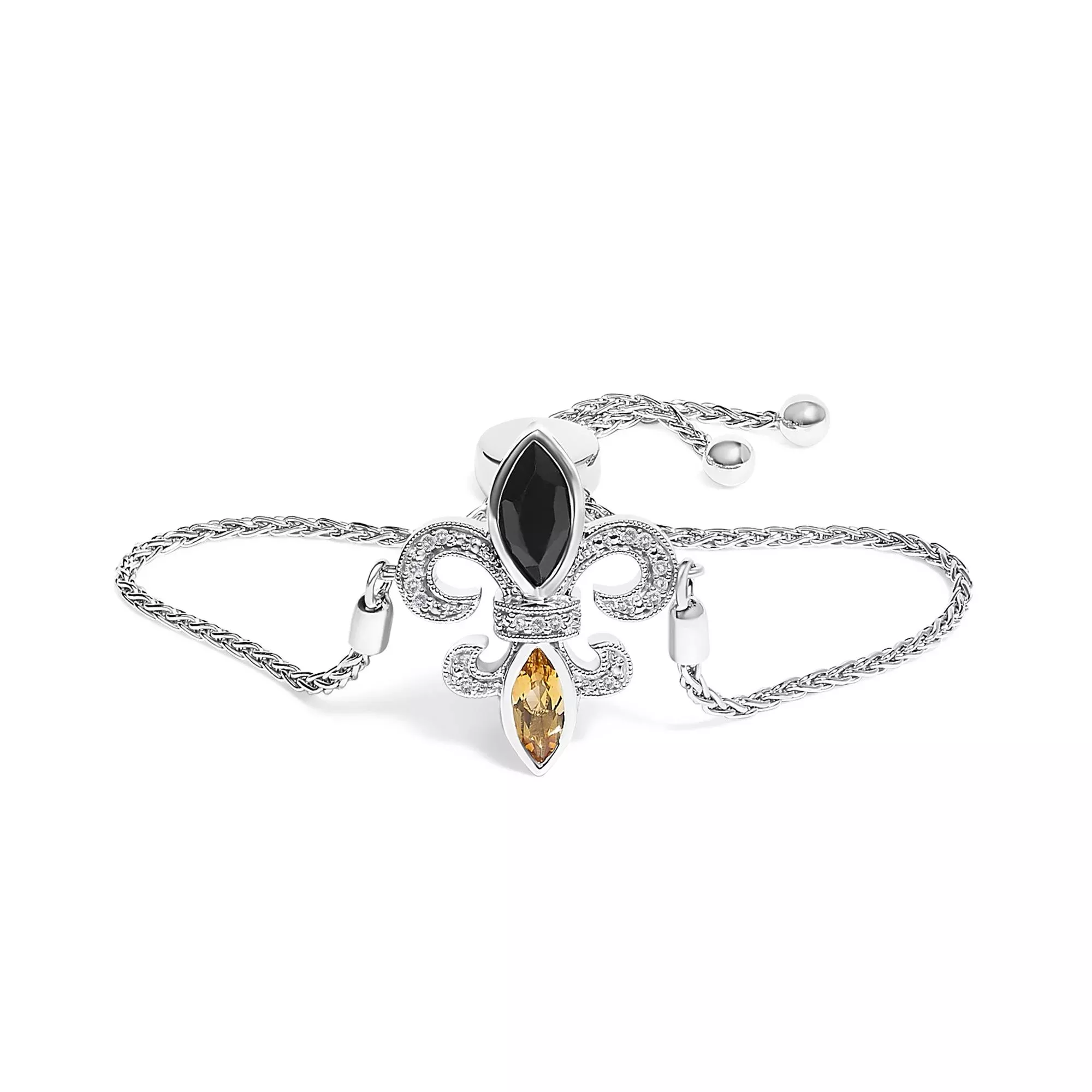 .925 Sterling Silver Marquise Black Onyx, Orange Citrine, and Diamond Accent Lariat 4”-10” Fleur De Lis Adjustable Bolo Bracelet (I-J Color, I1-I2 Clarity) - 7"