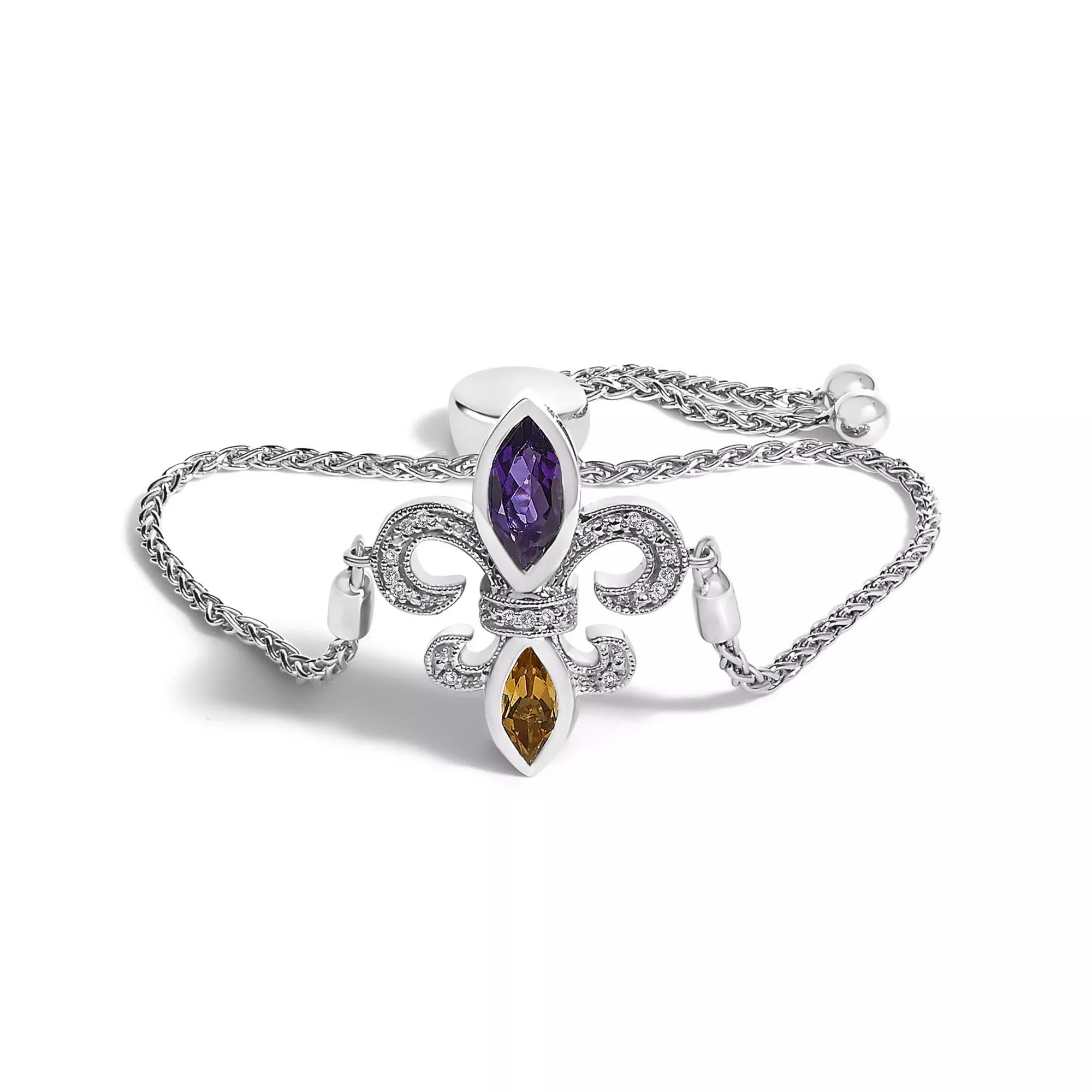 .925 Sterling Silver Marquise Purple Amethyst, Orange Citrine, and Diamond Accent Lariat 4”-10” Fleur De Lis Adjustable Bolo Bracelet (I-J Color, I1-I2 Clarity)