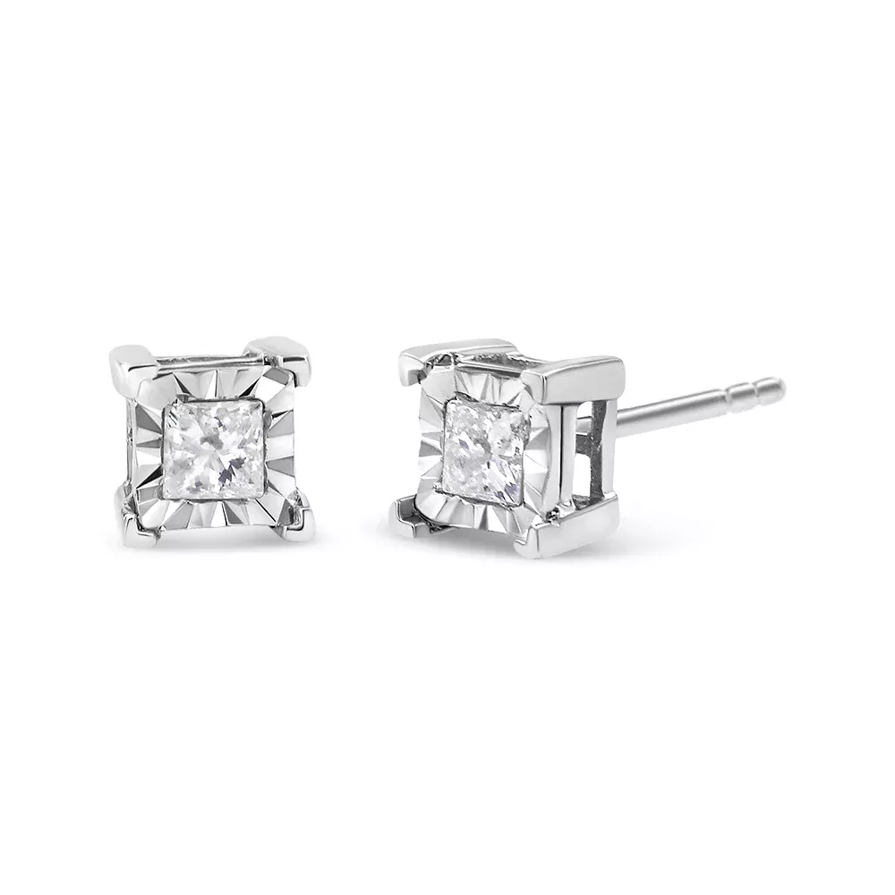 .925 Sterling Silver Miracle Set Princess-cut Diamond Solitaire Stud Earrings (H-I Color, I1-I2 Clarity)