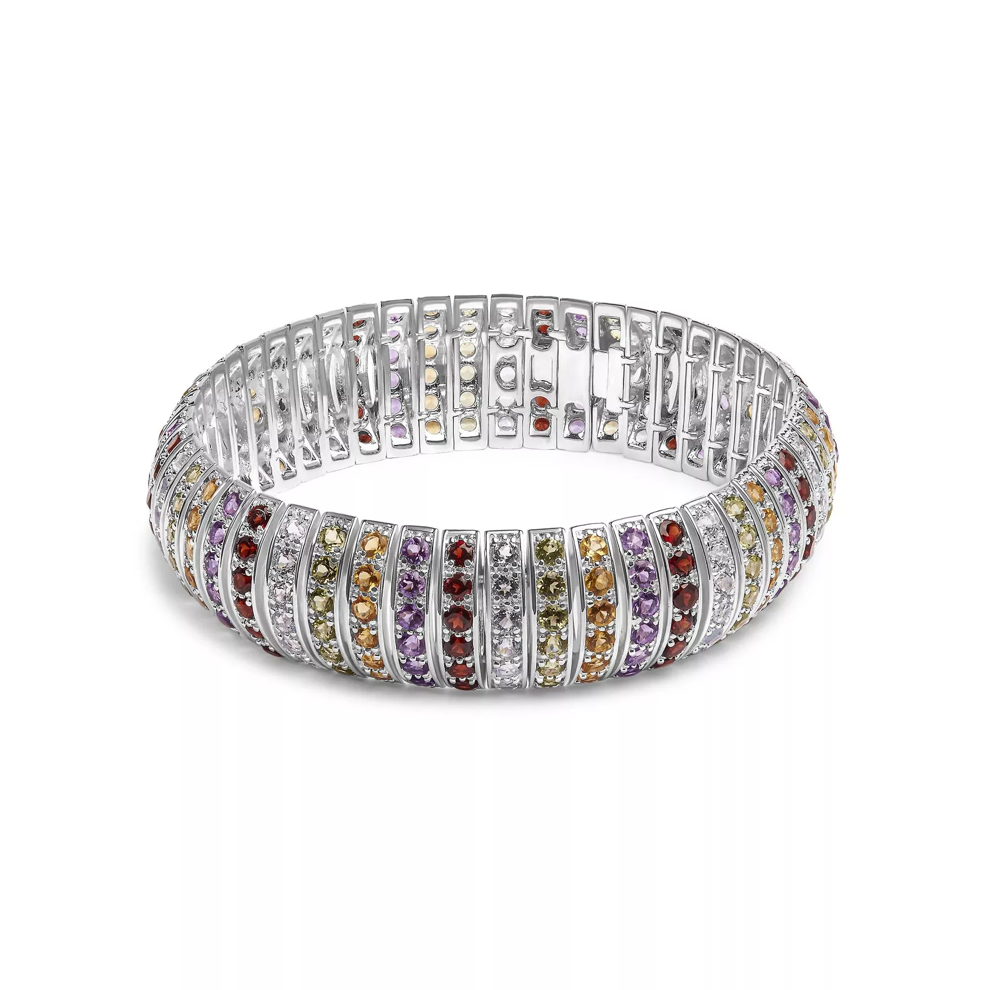 .925 Sterling Silver Multi Row Rainbow GemstoneBangle Bracelet - 7.5" Inches
