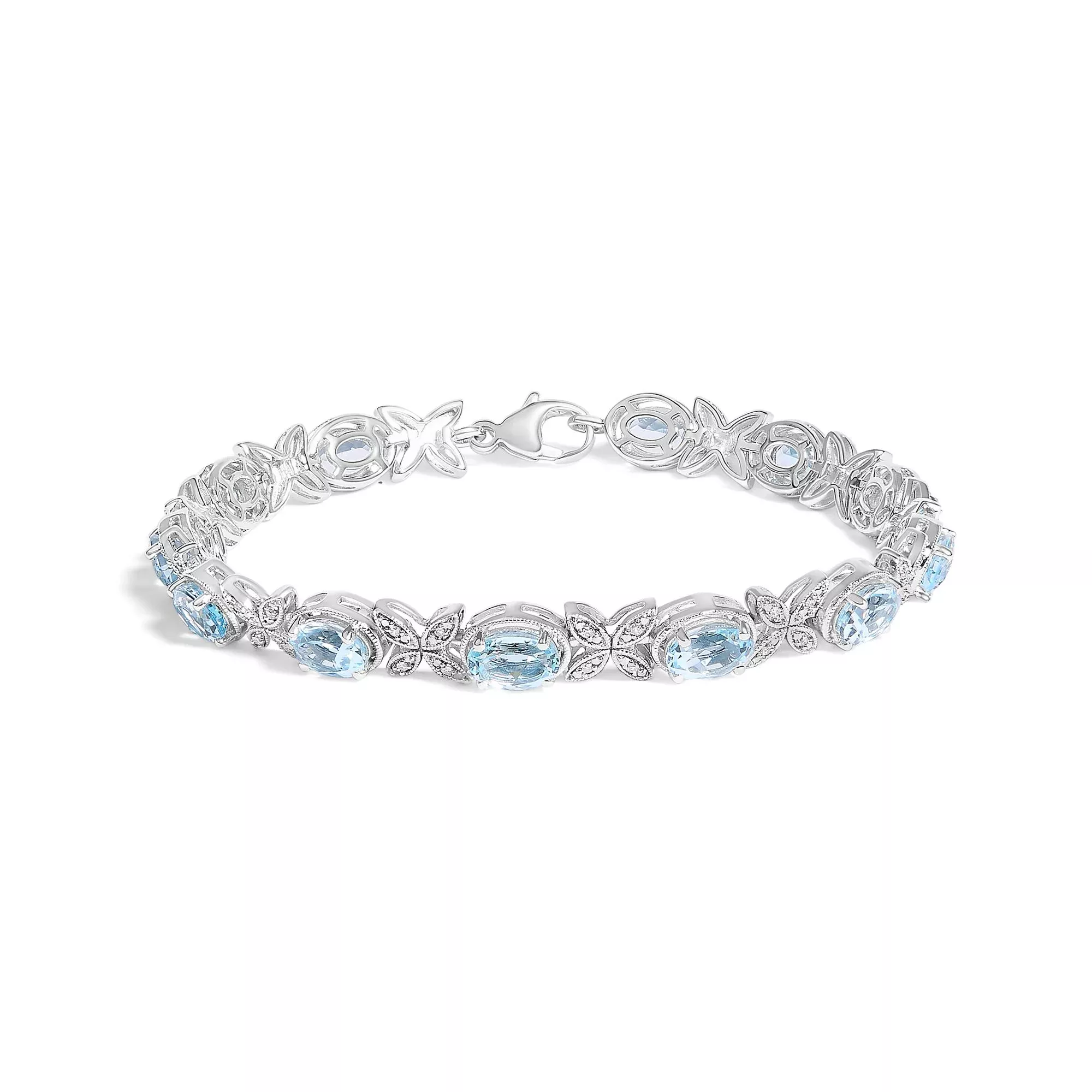 .925 Sterling Silver Oval Blue Topaz Diamond Butterfly Link Bracelet (I-J Color, I1-I2 Clarity) - Size 7" Inches