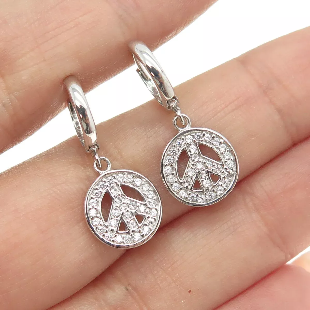 925 Sterling Silver Pave C Z Symbol of Peace Dangling Earrings