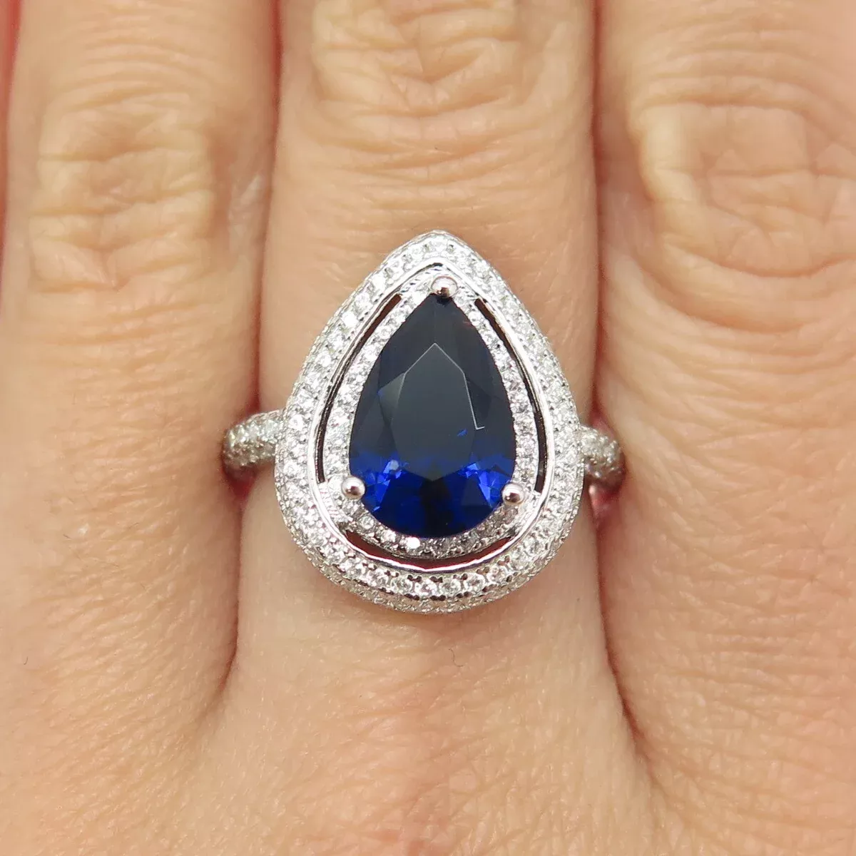 925 Sterling Silver Pear & Round-Cut Blue White C Z Ring Size 8