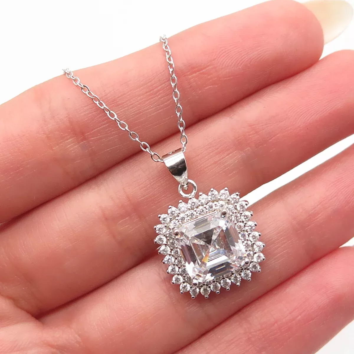 925 Sterling Silver Princess-Cut C Z Pendant Rolo Chain Necklace 18