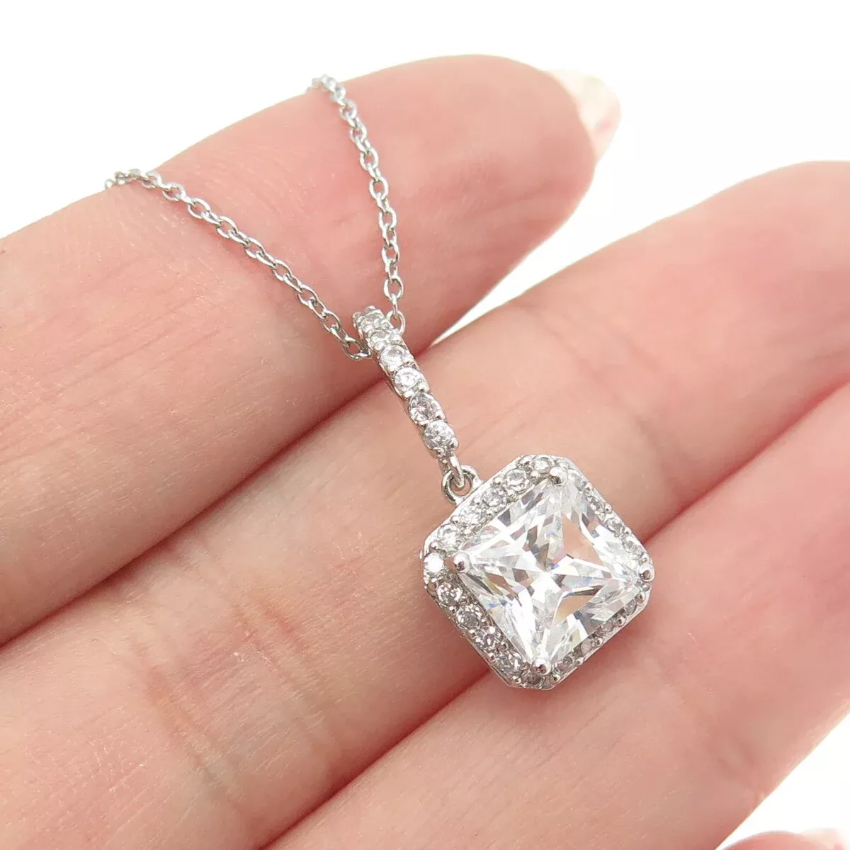 925 Sterling Silver Princess & Round-Cut C Z Cable Chain Necklace 18-20