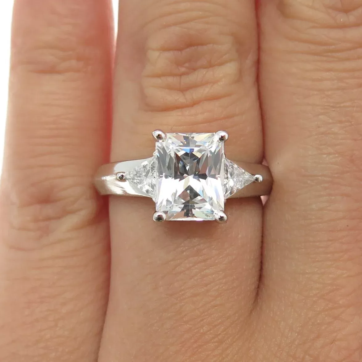 925 Sterling Silver Radiant & Triangle C Z Engagement Ring Size 7.25