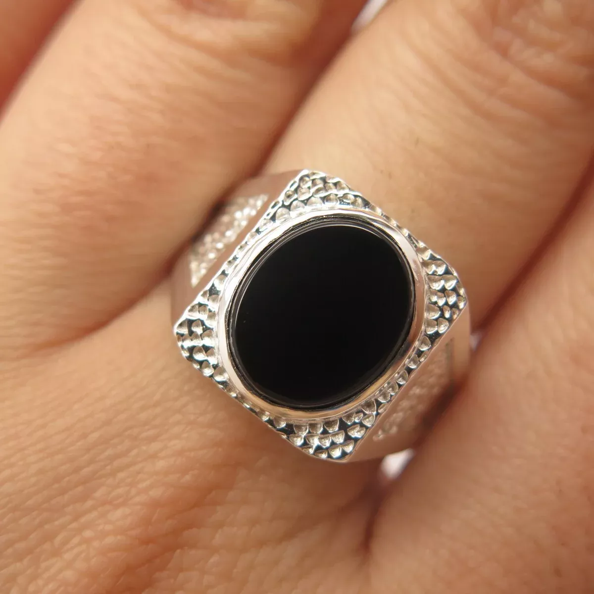 925 Sterling Silver Real Black Onyx Gemstone Ring Size 8 3 /4