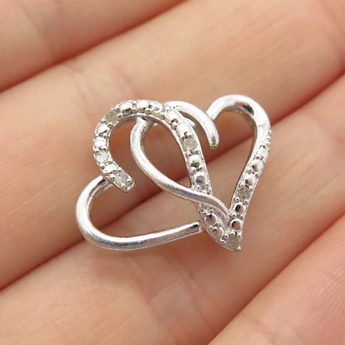 925 Sterling Silver Real Diamond Couple of Heart Slide Pendant