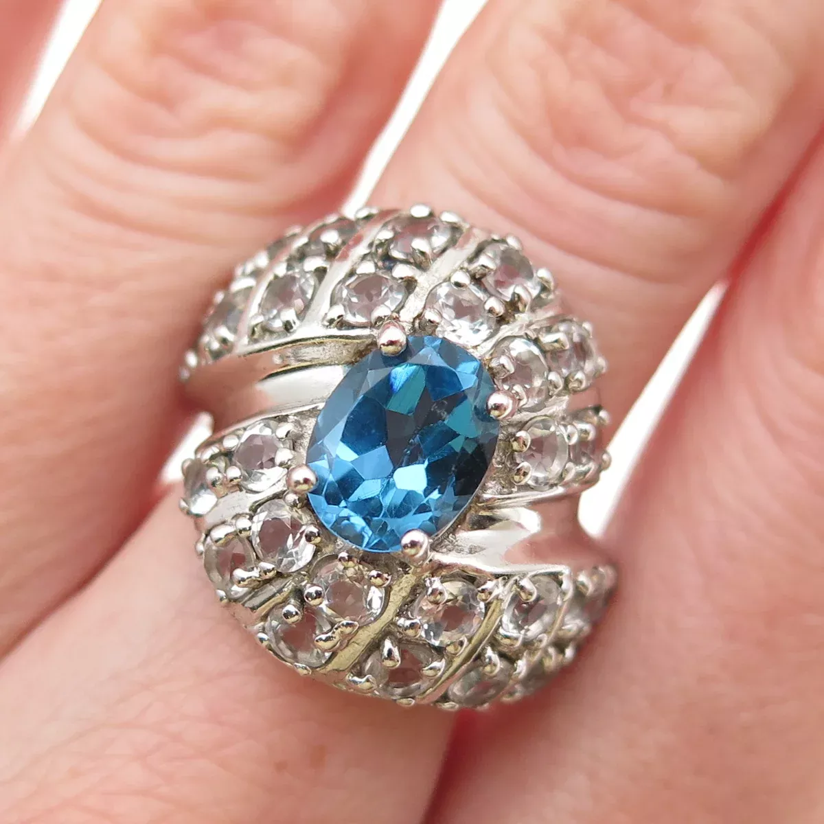 925 Sterling Silver Real Oval-Cut Blue & Round-Cut White Topaz Ring Size 8