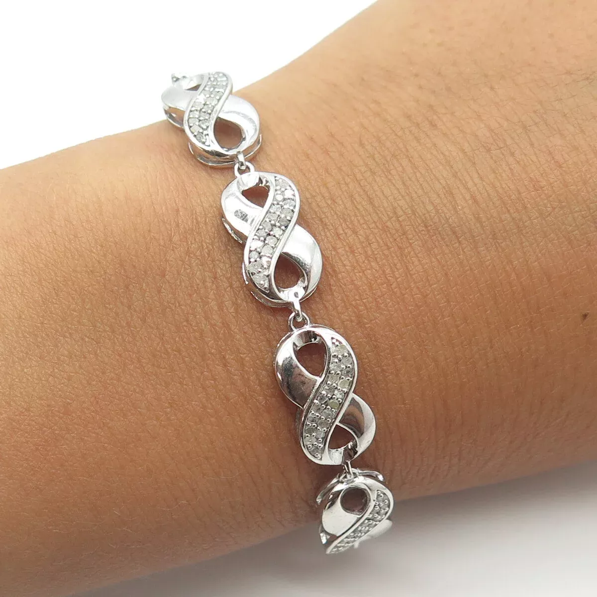 925 Sterling Silver Real White Diamond Infinity Link Bracelet 9